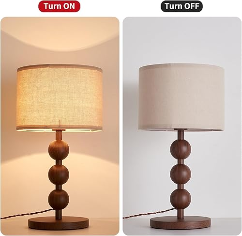 Miniatura 6 de Lámpara de mesa de noche para dormitorio, pantalla de tela moderna con enchufe y base de hierro con aspecto de madera, lámpara de mesa de noche Plug