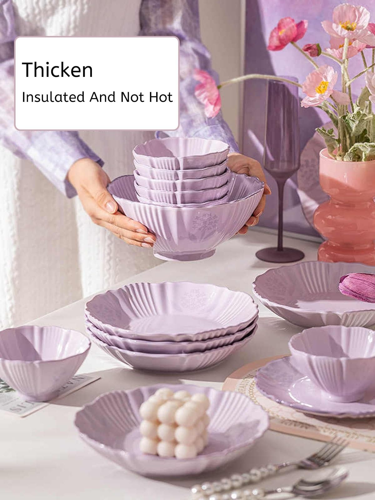 Tafelservice Lila Teller-Set Im Modernen Look Geschirrset 6 Personen Mit Schüssel, Teller, Esslöffel Servierplatte Keramik Unzerbrechliches Spülmaschinen Und Mikrowellenfest Kratzfest(20pcs)