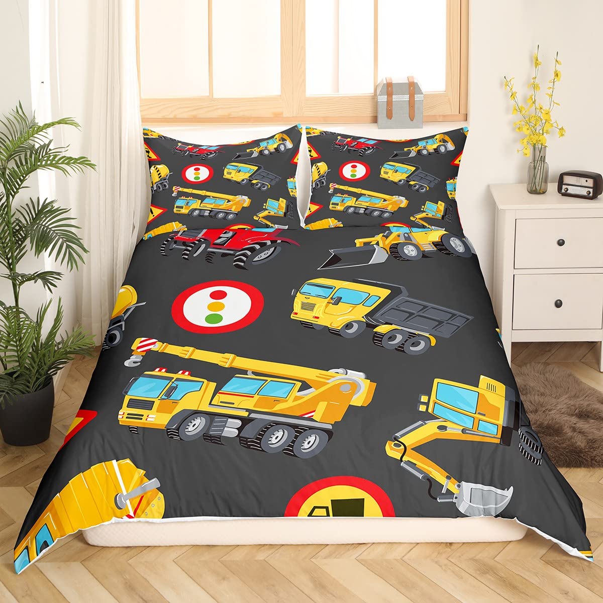 Excavator Duvet Cover Set Construction Vehicles Comforter Cover Toy Trucks Pattern Bedding Set Digger Machine Bedspread Cover for Kids Boys Girls Single Size With 1 Pillow Case - Image 2