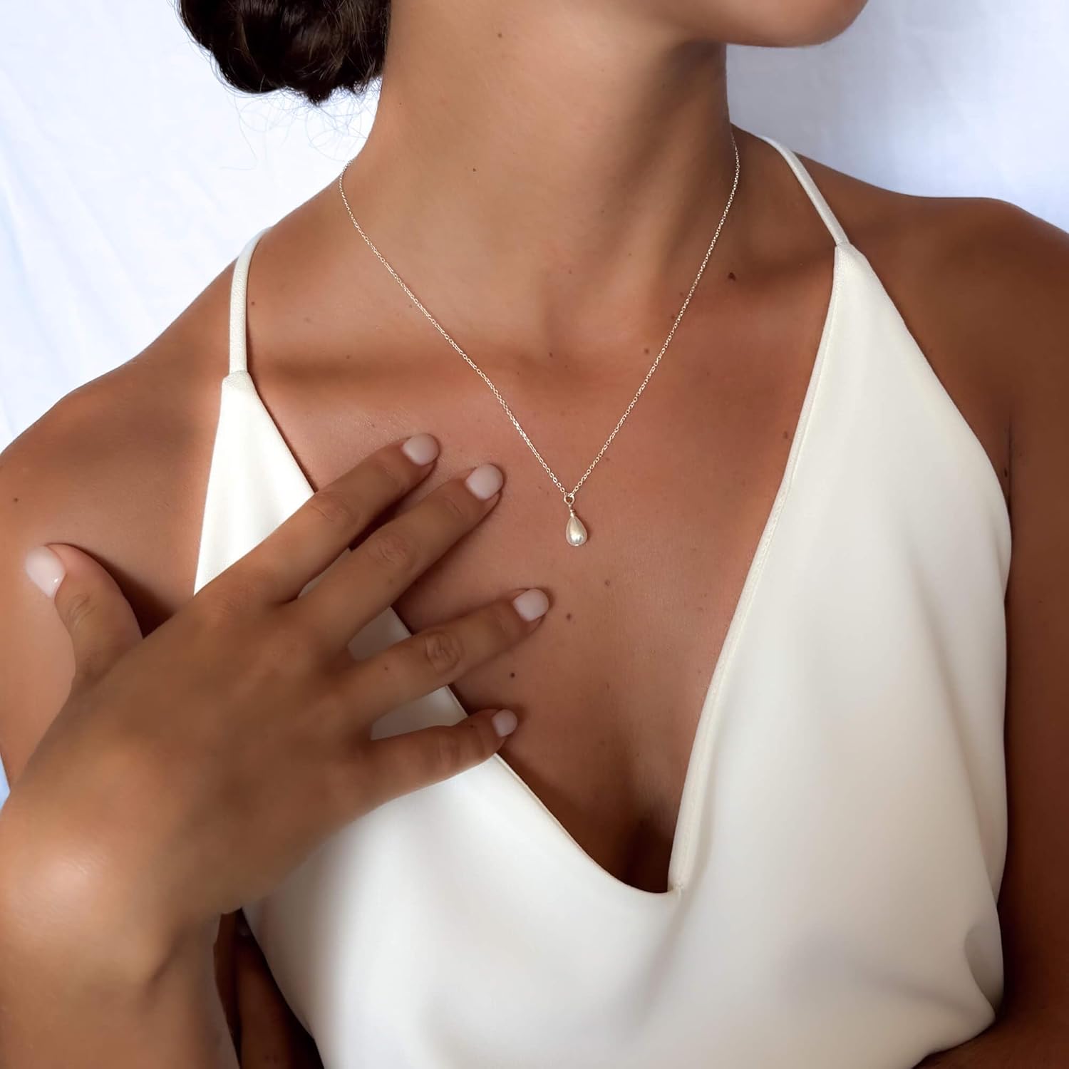 Annika Bella Drop Pearl Necklace, Silver Necklaces for Women, Teardrop Pearl Charm, 925 Sterling Silver Jewelry, Gift for Bride, Bridal Accessories - Image 7