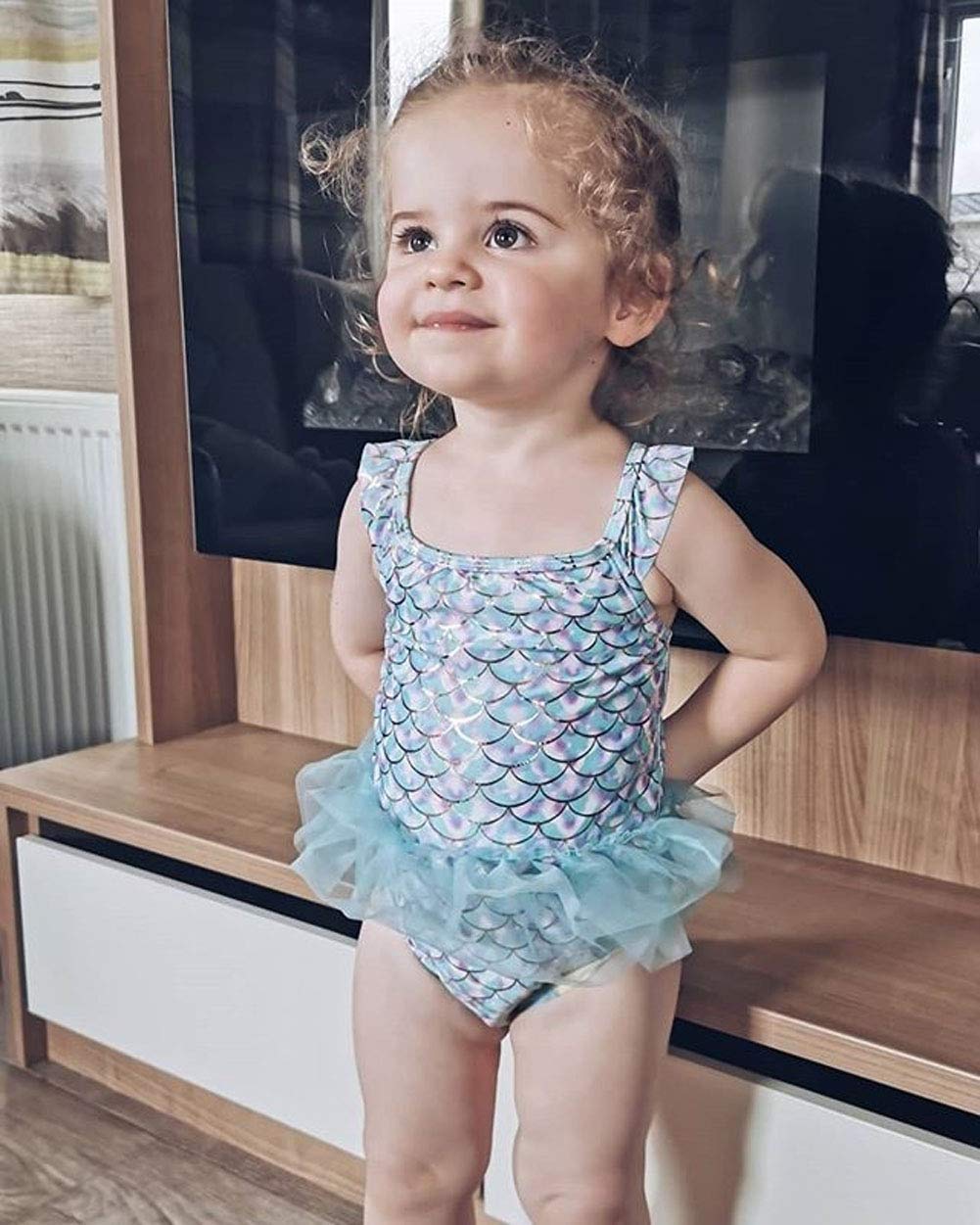 Cute Toddler Baby Girl's One-Piece Swimsuit Ruffled Sleeve Mermaid Swimwear with Tutu Skirt Fashion Bathing Suit for Baby (Blue+Purple, 12-18 Months)