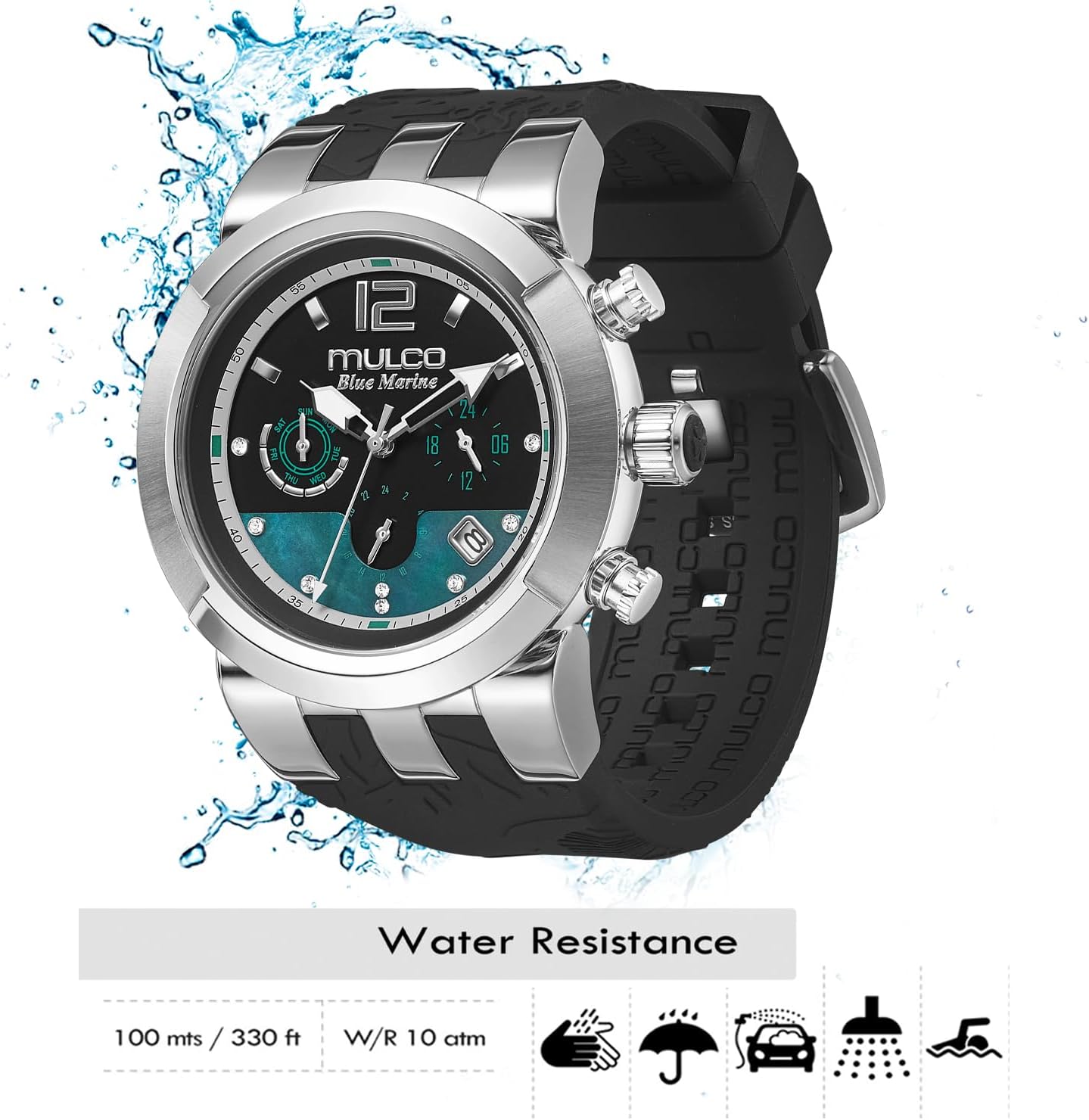 MULCO Watches for Women - Blue Marine Infinity, Stainless Steel Case with Wrist Silicone Band, Quartz Multifunctional Movement Large Face Analog Display, Crystal Stones,100m-Waterproof