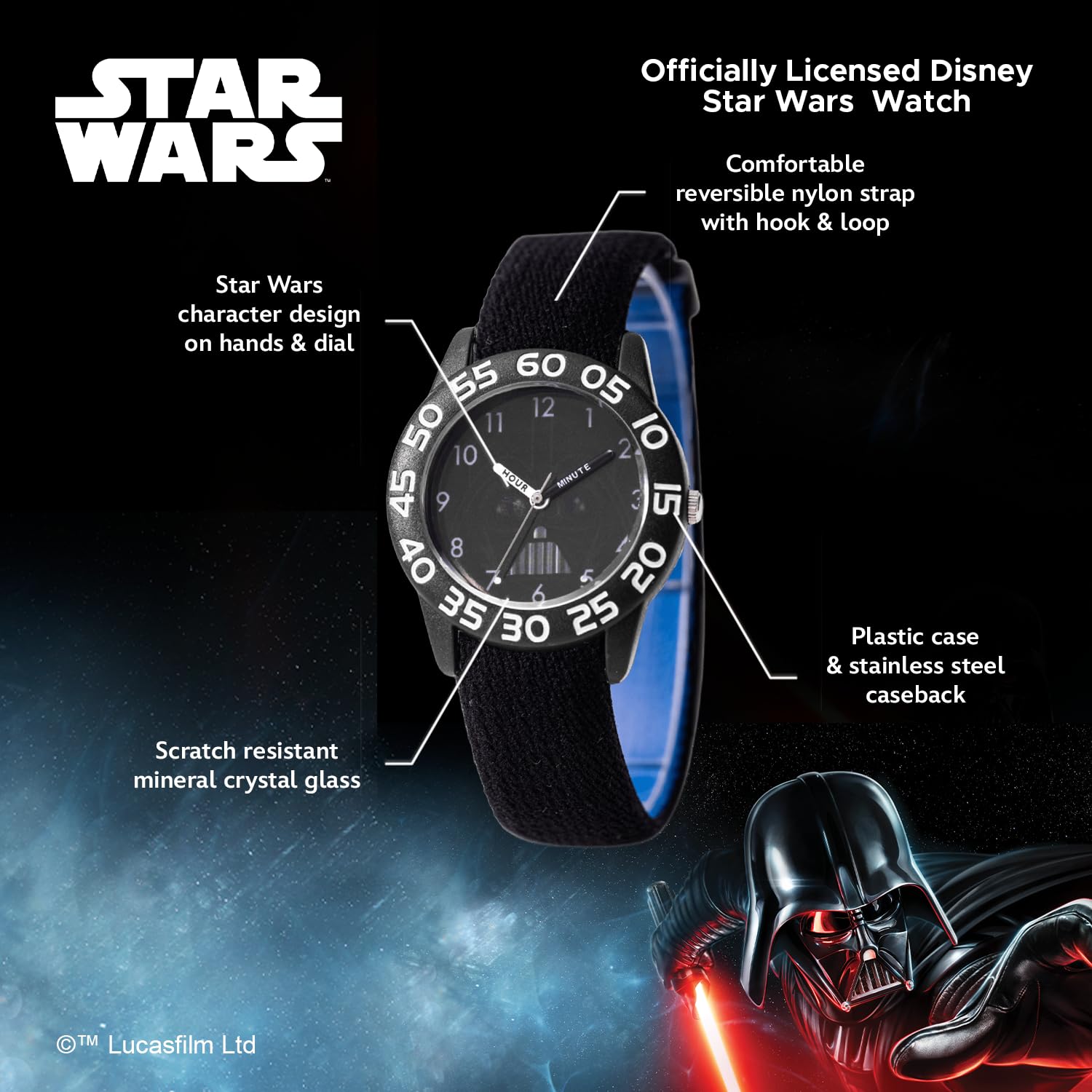 STAR WARS Reloj analógico de Cuarzo con Correa de Nailon para niños