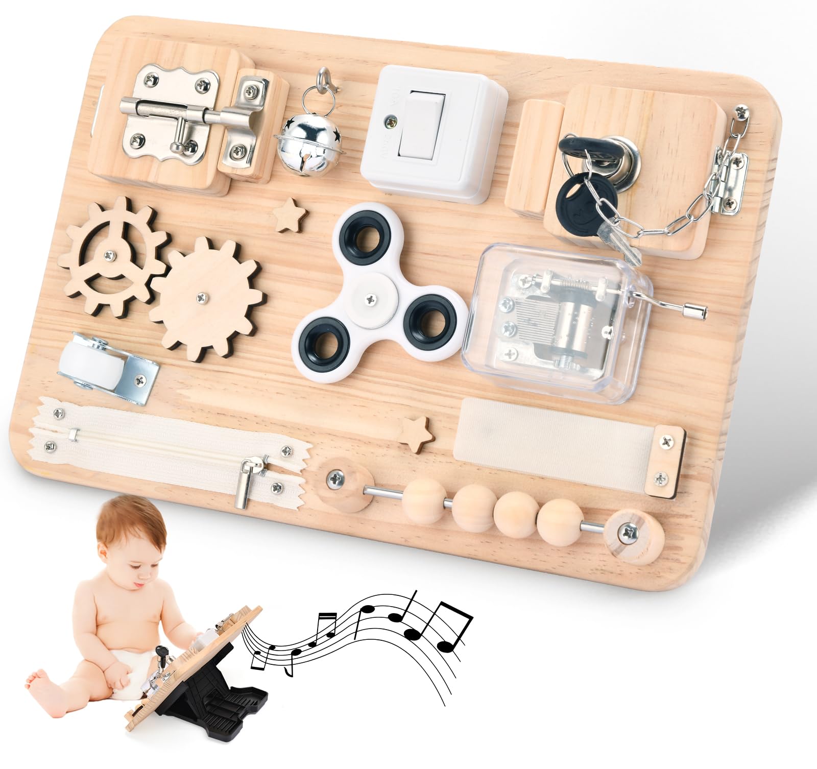 Montessori Wooden Busy Board - Sensory Toys for Toddlers Fine Motor Skills - Activity Board Toys for Kids - Educational Fidget Travel Toys for Baby Boy & Girl - Birthday Gifts for 1 2 3 4 + years old