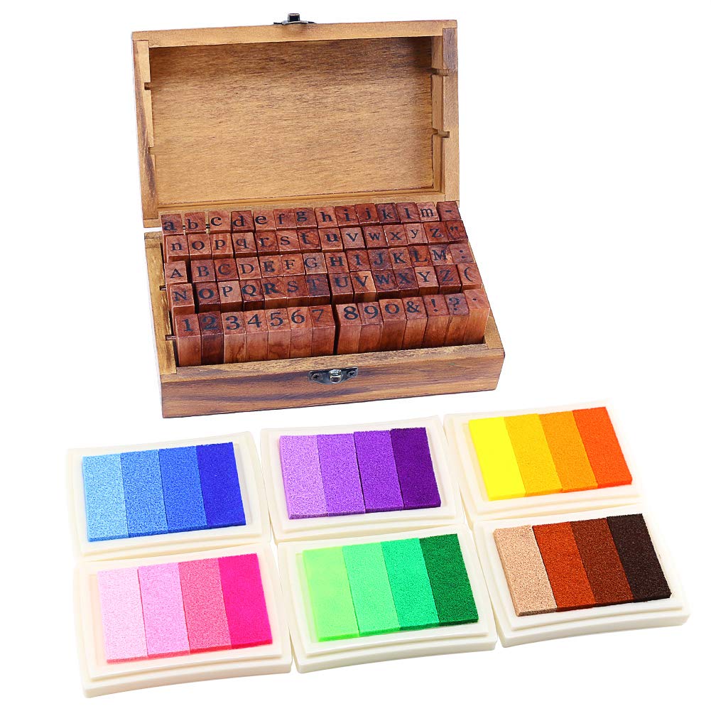 Log-Cabin 70pcs Rubber Wooden Alphabet Letter & Number Stamps, 24 Colours Ink Pads, Craft Kit