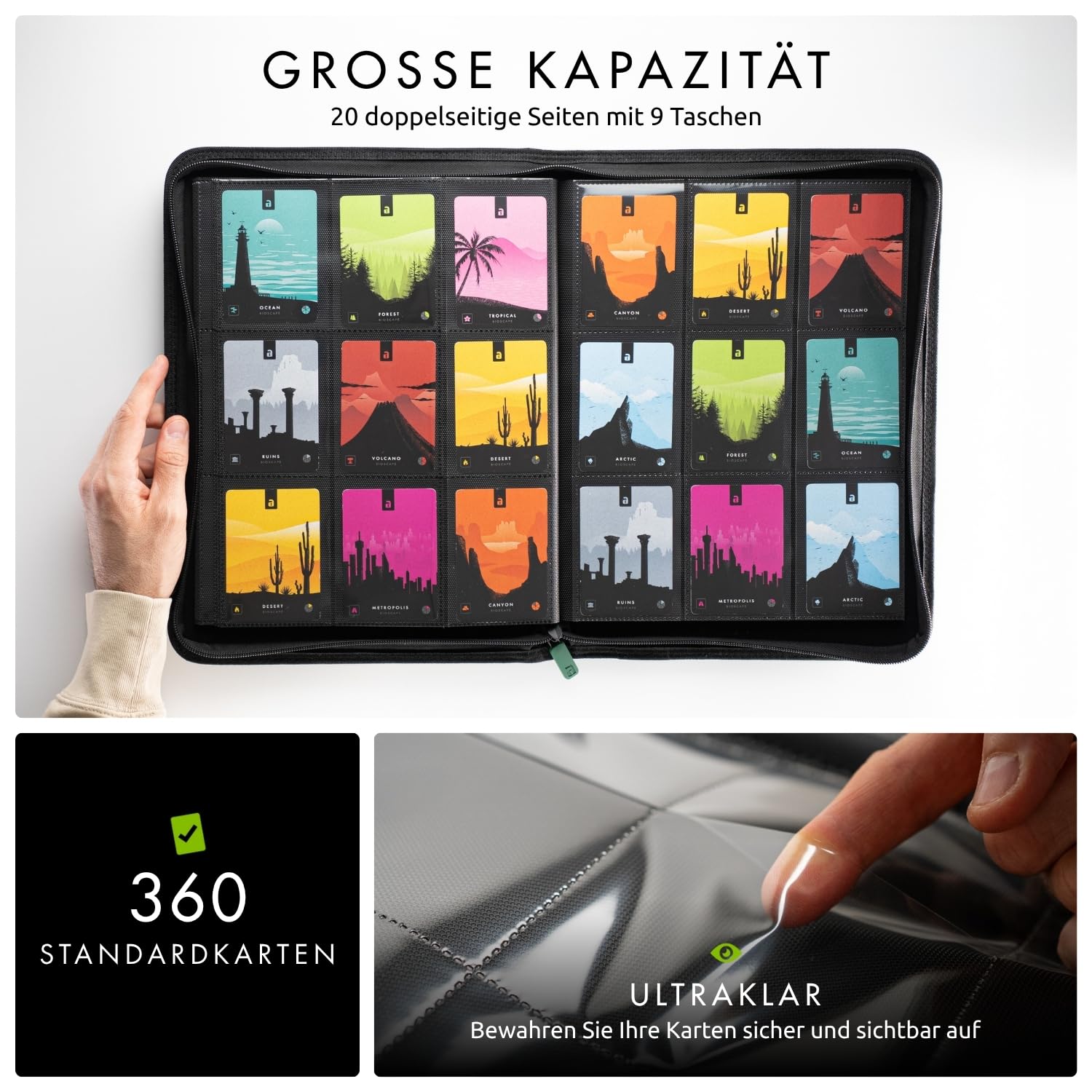 Vault X 9-Taschen-Trading-Kartenordner mit Reißverschluss, 360 Karten, Premium Exo-Tec-Albummaterial, 20 seitlich ladbare Seiten, Sammelordner für Sammelkartenspiele, Sportkarten, TCG (Grün)