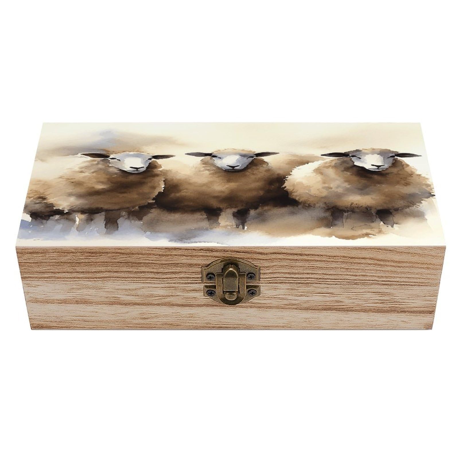 VstaDank Sheeps Watercolor Wooden Storage Box Wooden Keepsake Box with Hinged Lid Exquisite Solid Wood Decorative Jewelry Case Memory Box for Jewelry Photos Letters Crafts Trinkets