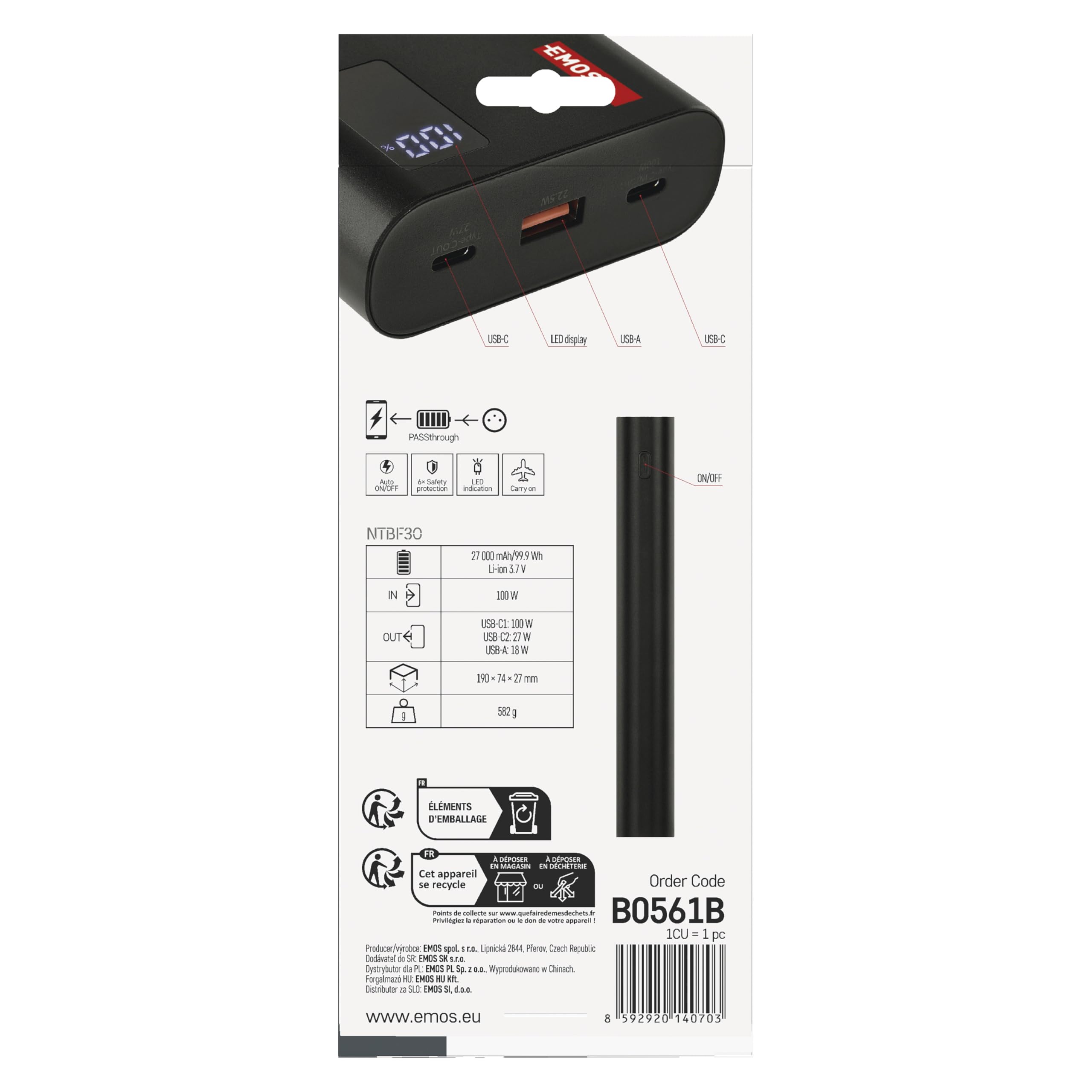 EMOS - Powerbank 27 000 mAh NTBF30 - Batterie Externe avec passthrough et Charge Rapide 100 W PD - 2 Ports USB-C/USB-A avec câble de Charge - pour Tablette, Ordinateur Portable, iPad, téléphone