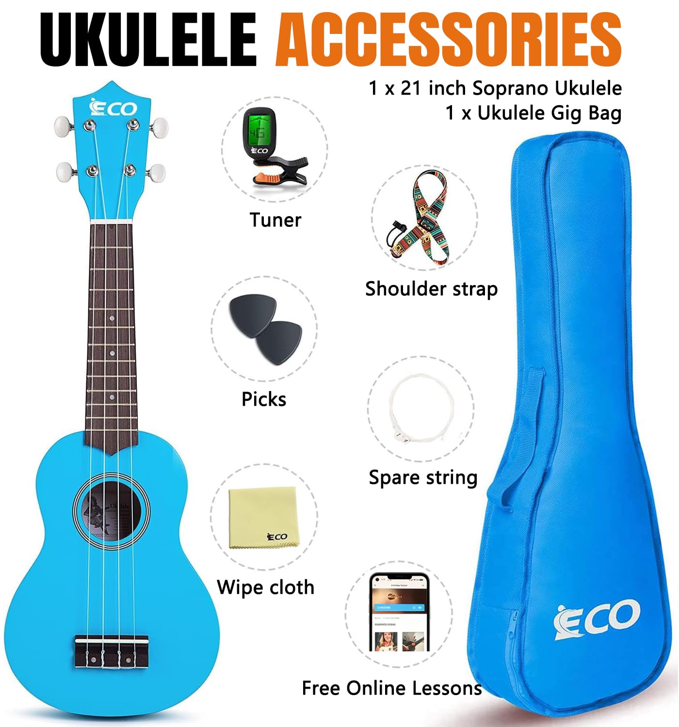 Kit de débutant ukulélé soprano pour enfants et débutants, Ukelele 21 pouces avec recueil de chansons, étui, sangle, accordeur, cordes et médiators