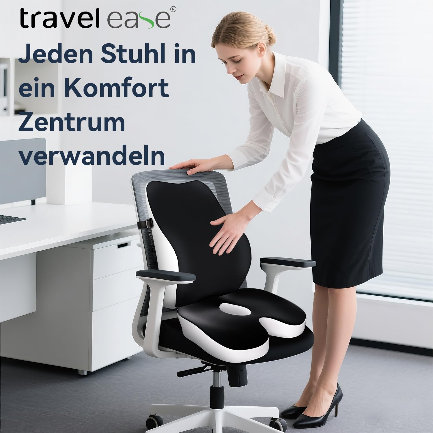 Travel Ease Memory-Schaum Sitzkissen & Lendenstützkissen-Set, Ergonomischer Komfort für Bürostuhl, Autositz, Zuhause & Reisen, Sitzpolster für Rücken und Gesäß, Schwarz