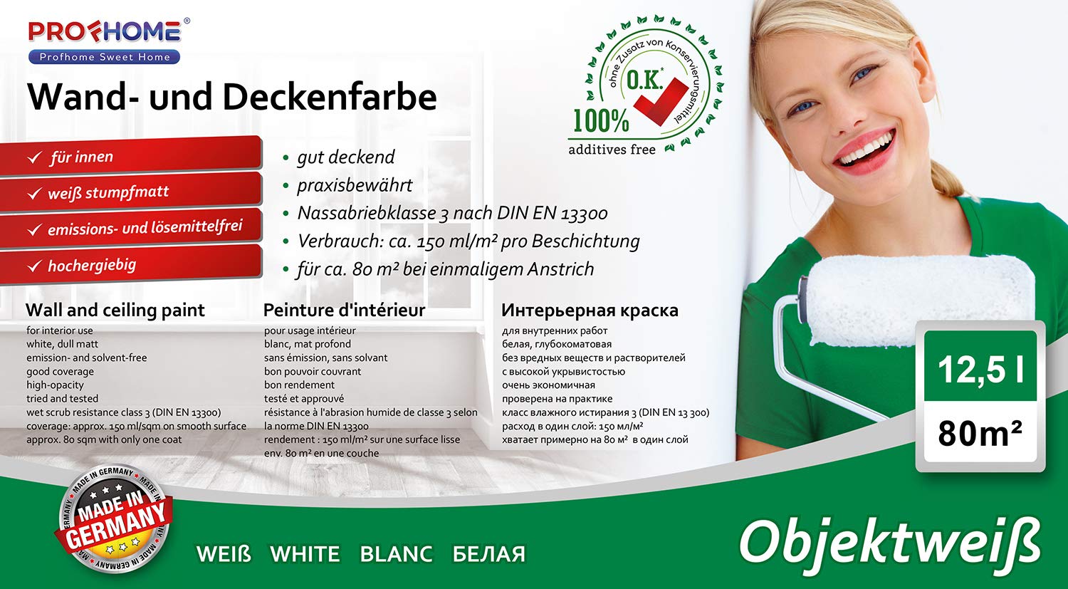 PRO[f]home® - Pittura per interni vernice ad alto grado di copertura per pareti e soffitti bianca opaca 12,5 LT per max 80 m2 Profhome