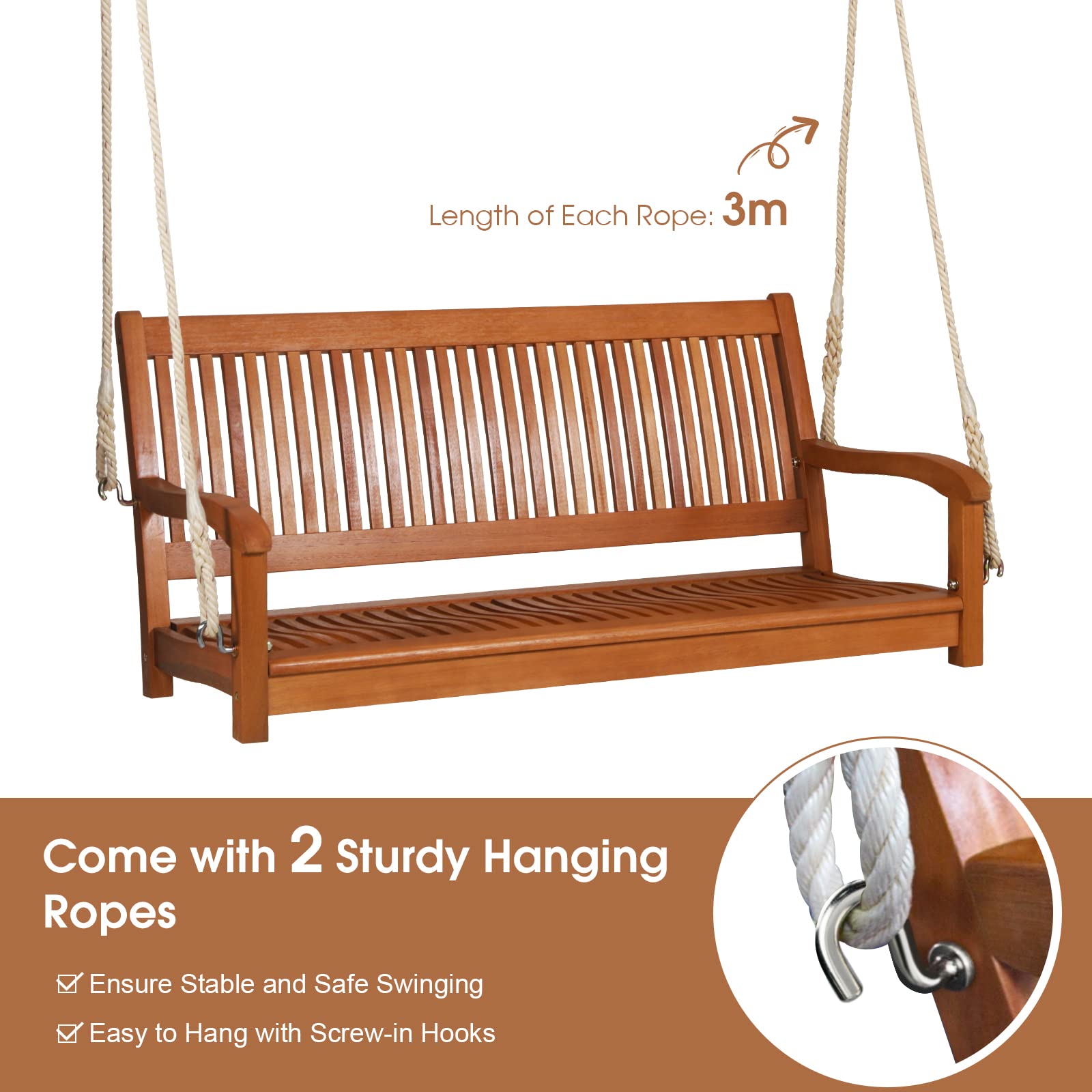 GIANTEX Columpio para Exteriores de 2 Plazas, Soporta hasta 360 kg, Columpio de Madera para Colgar de Jardín, para Balcón, Porche, Terraza