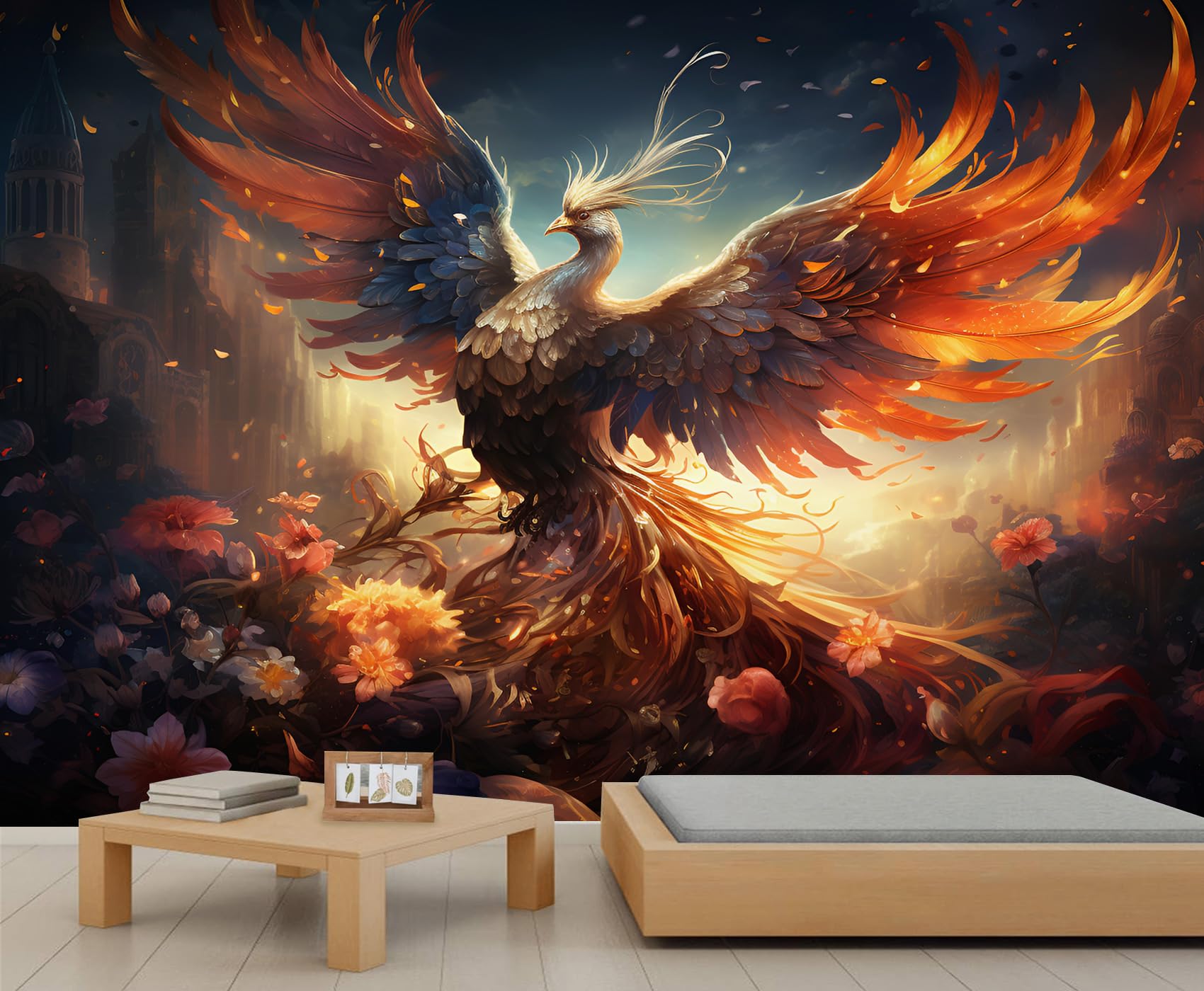 Papier peint phénix haut de gamme, grand décor mural oiseau de feu rétro 400 x 280 cm