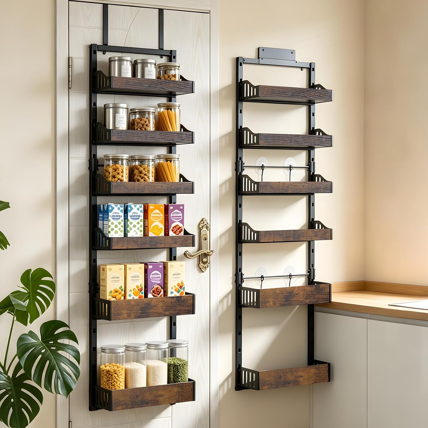 Tviort 6-Tier Over Door Pantry Organizer, Adjustable Heavy Duty Spice Rack | Metal 6-tier over-door/wall-mounted spice rack with wood baskets, adjustable detachable storage for kitchen and bathroom