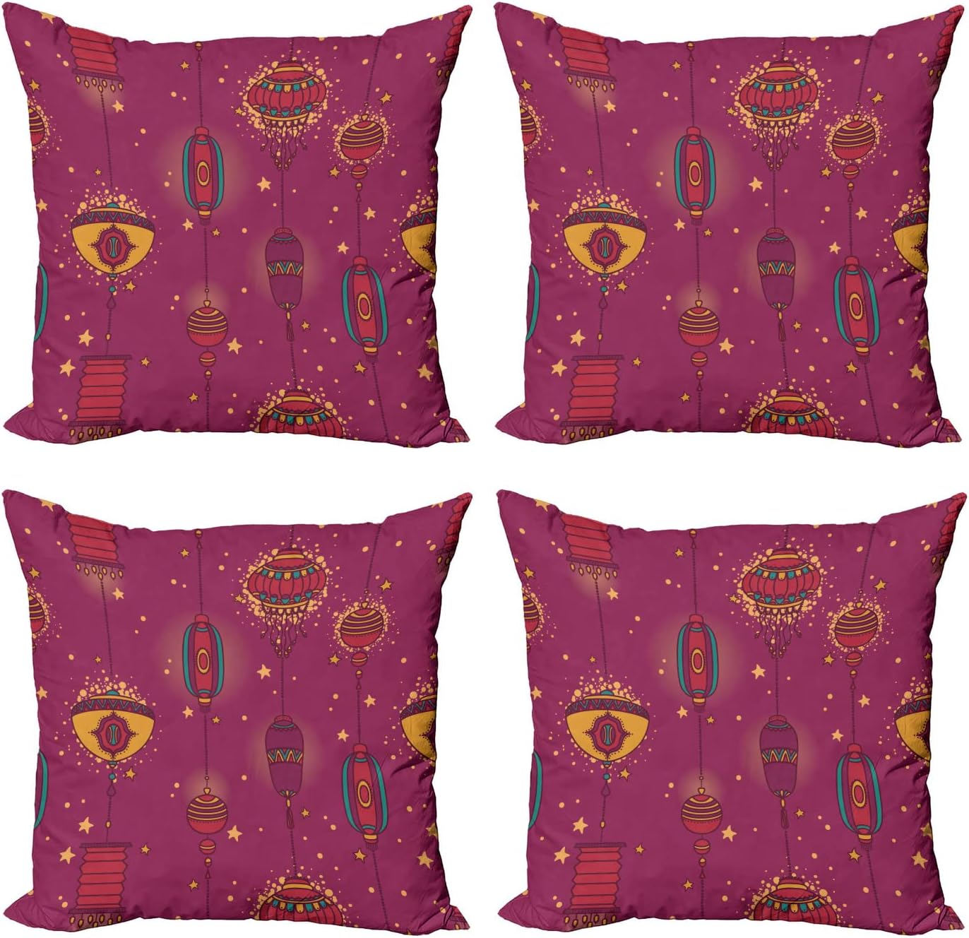 Lunarable Folkloric Throw Pillow Cover Set of 4, Cultural Inspirations Oriental Party Celebration Art Traditional Design, Square Cushion Covers Decor for Bed Couch Sofa, 18"x18", Magenta and Yellow