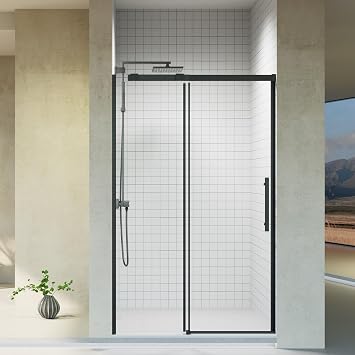 44-48" W x 76" H Frameless Shower Door with 5/16" 8mm Clear Tempered Glass, Single Panel Easy Sliding Style, Includes Positioning Template, Stainless Steel Handle & Quiet Rollers,Matte Black