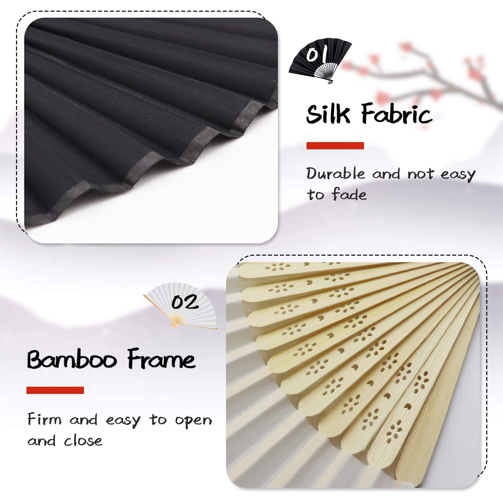 Grantop 4 Pcs Black Folding Hand Fan, Silk Fabric Bamboo Ribs Handheld Fan - Image 4