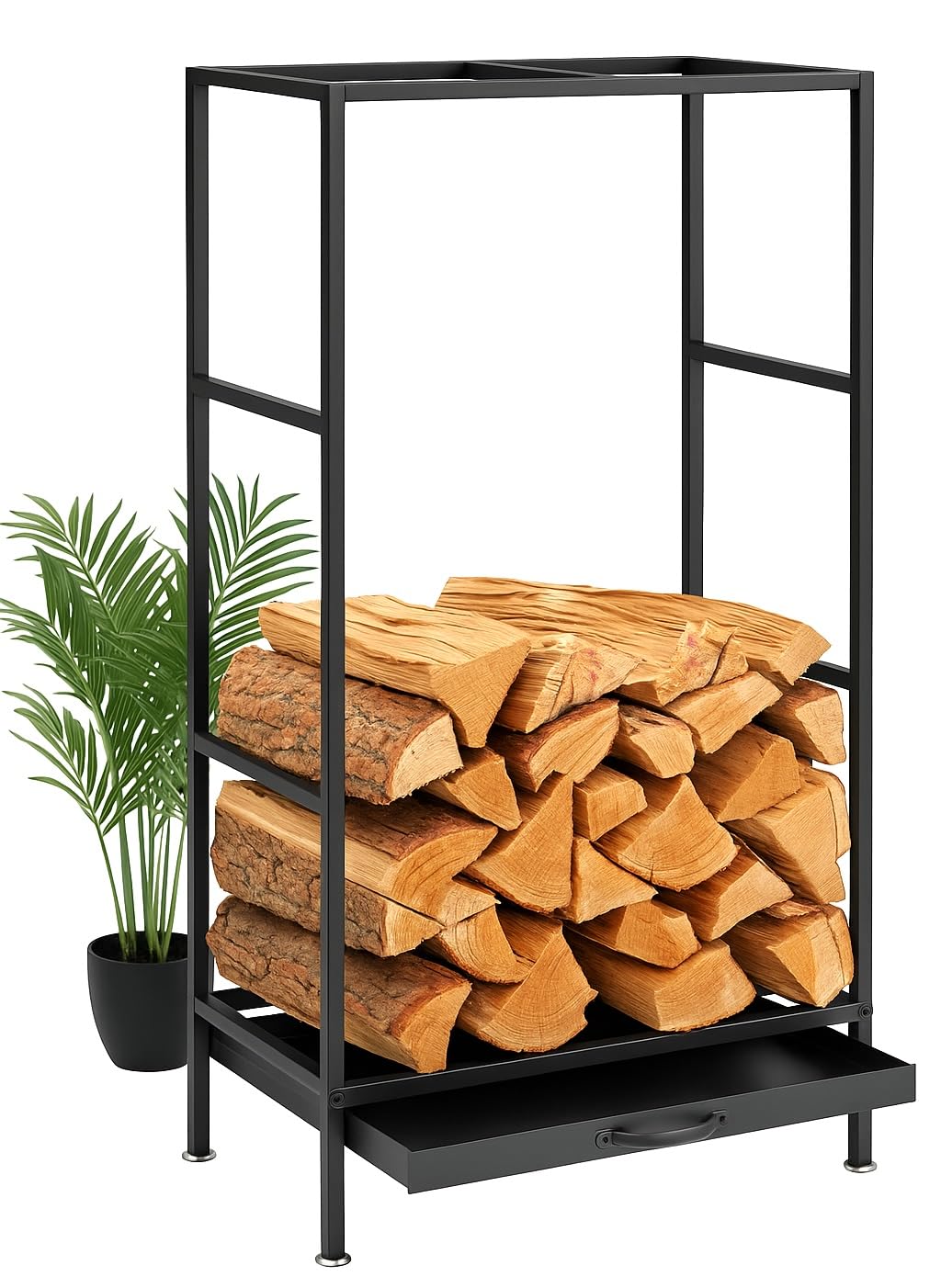 DanDiBo Kaminholzregal Innen Metall Schwarz 80x50x25 cm Brennholzregal Holzaufbewahrung Kaminholzständer mit Schublade