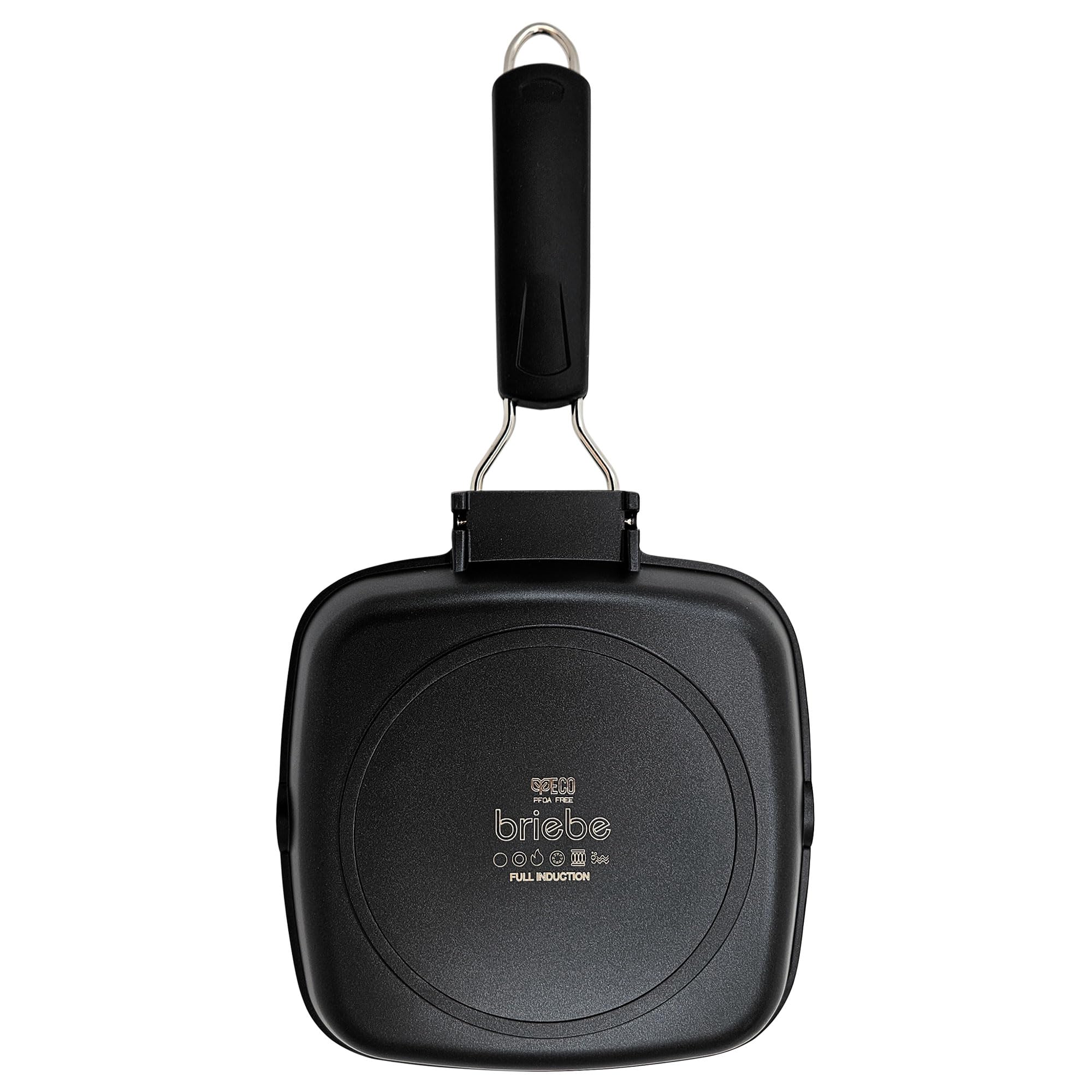 Briebe Black Titanium Grill à rayures, induction, antiadhésif titane, poêle à frire en fonte d'aluminium sans PFOA, manche pliable, vitrocéramique, gaz, 20 x 20 cm