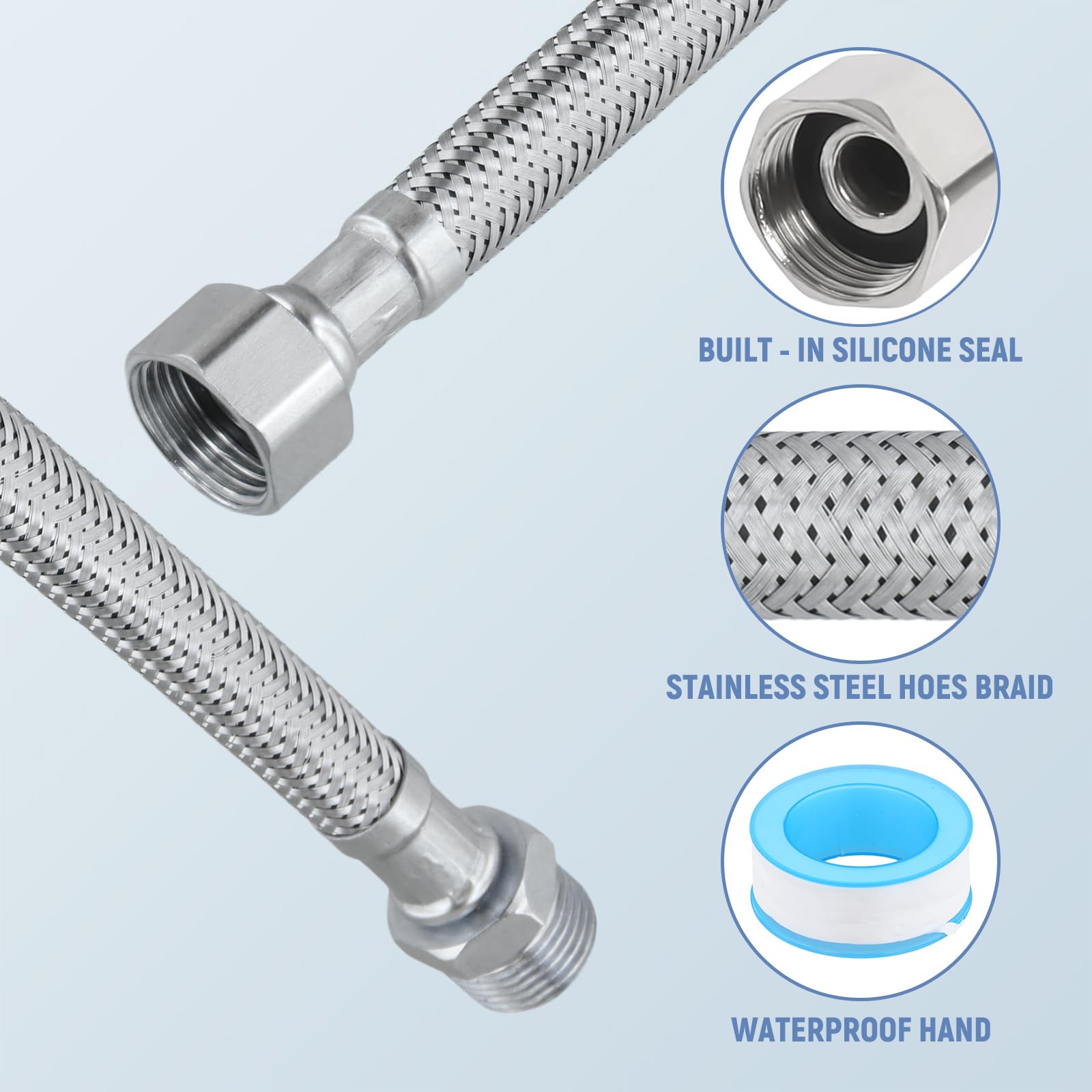 4 Pezzi Tubo Flessibile 3/8, Prolunga Flessibile con Intrecciatura in Acciaio Inox, con Raccordo Filettatura Esterna, Tubo Corazzato flessibile 3/8" per Cucina Bagno Miscelatore 20 CM/10 CM
