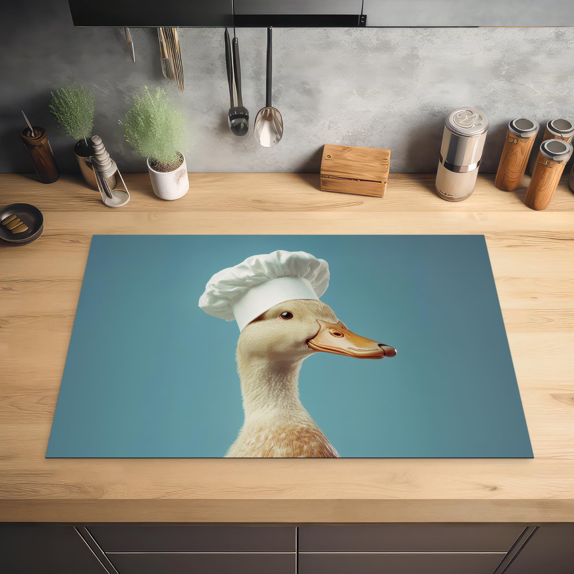 KitchenYeah© Protector Vitroceramica 80x52 cm Tapa para induccion Placa Encimera Cubre de Protectora Cocina Pato - Gorro de Cocinero - Bonito - Ave