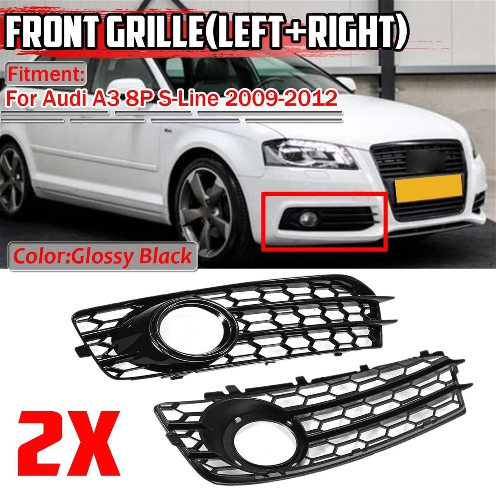 Pasuje do Audi A3 8P S-Line 2009-2012 Przedni zderzak Przeciwmgielne Grille 1 Para Plaster Miodu Siatka Przeciwmgielne Lampy Wyścigowe Grill Pokrywa