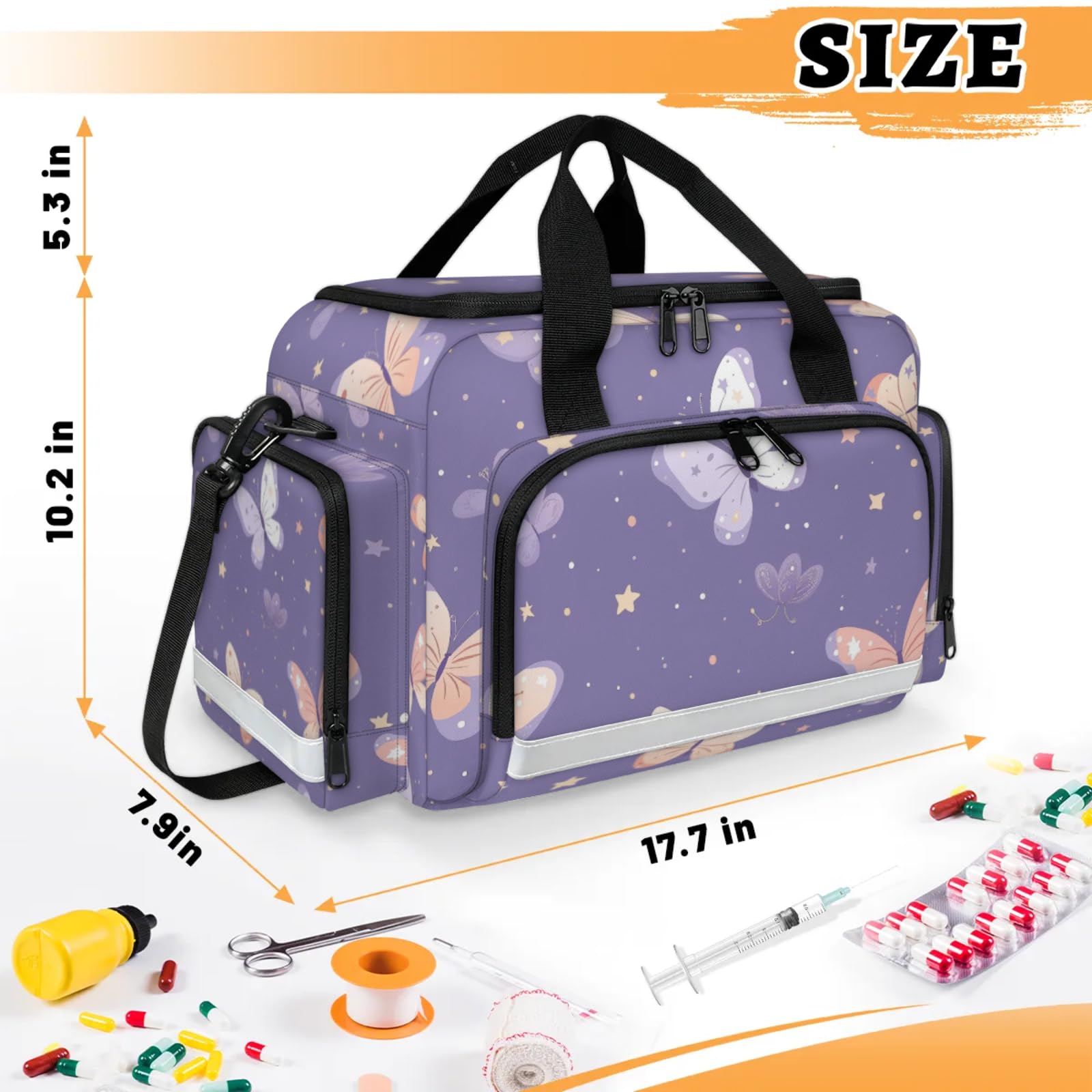 GzLeyigou First Aid Bags Empty, Butterflies Emergency Bag Purple Butterfly First Aid Kit Multiple Compartment Kit Carrier On Call Trauma Bag For Paramedics Emergency Medical Supplies Kit