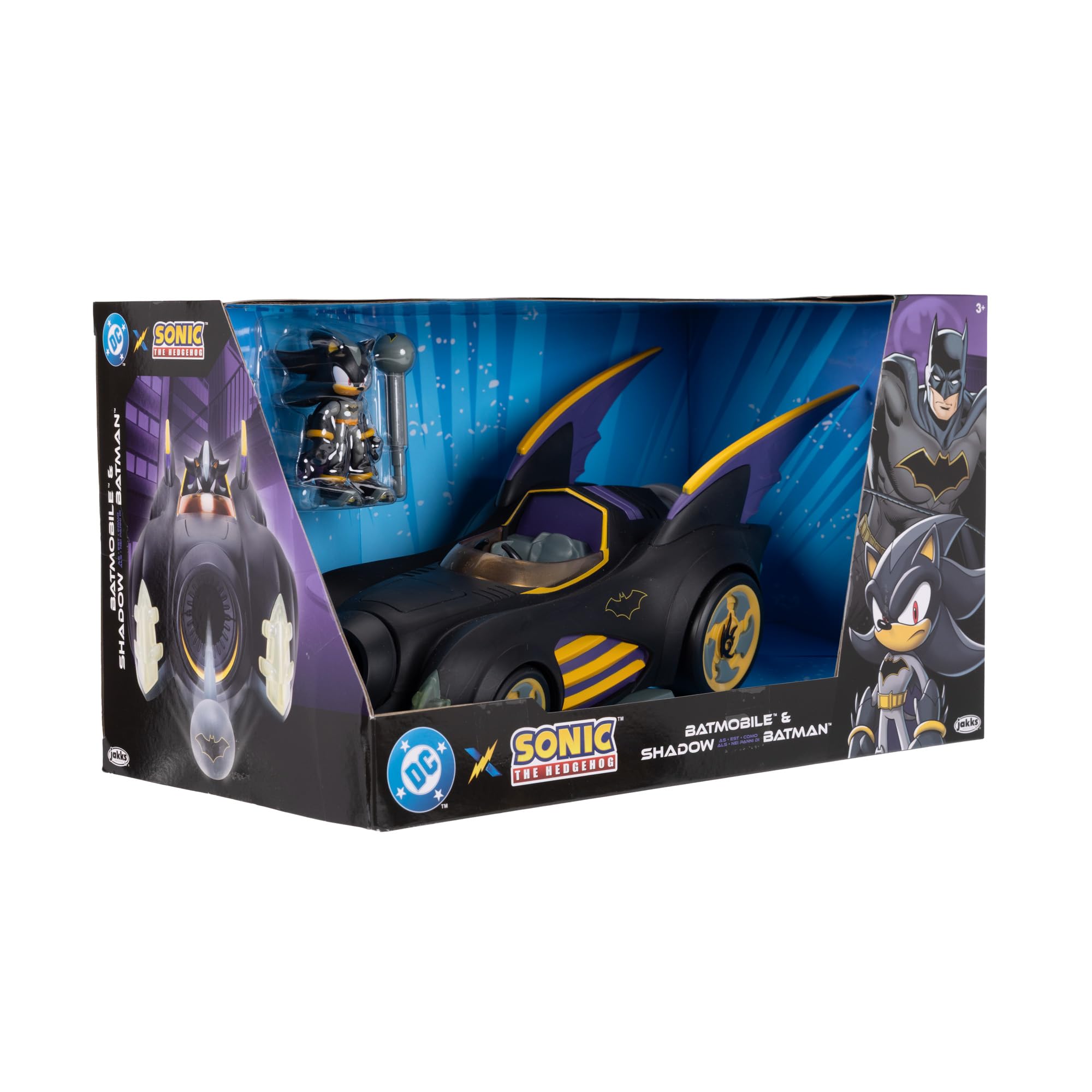 DC x Sonic Shadow en Batman avec Batmobile, Coffret de Figurines de 6,35 cm (2,5 Pouces), sous Licence Officielle Jakks Pacific, véhicule interactif avec Lance-Projectile et Turbine rotative.
