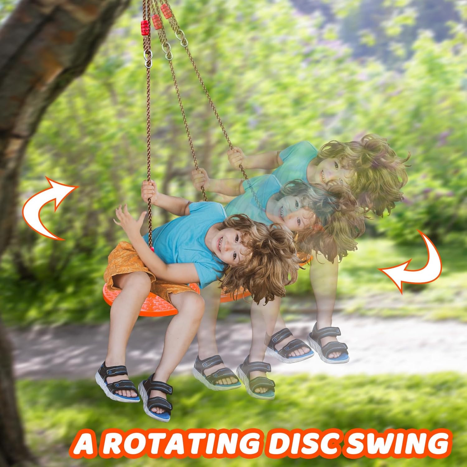Rotating Disc Swing for Kids - 360° Swivel Seat, No Assembly, Portable Rope Swing - Indoor/Outdoor for Trees, 330lbs Capacity, Ages 3+ (Orange)