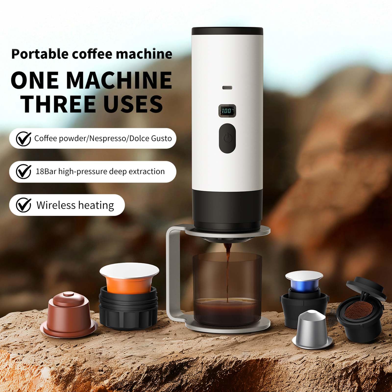 PZCC Machine à Cafe Portable,3 En1 Cafetière à Expresso Chauffage Électrique ,12V Expresso Cafetière Rechargeable,Pour Bureau,Voyage,Maison,Compatible avec les Capsules Espresso et Café Moulu (Gris