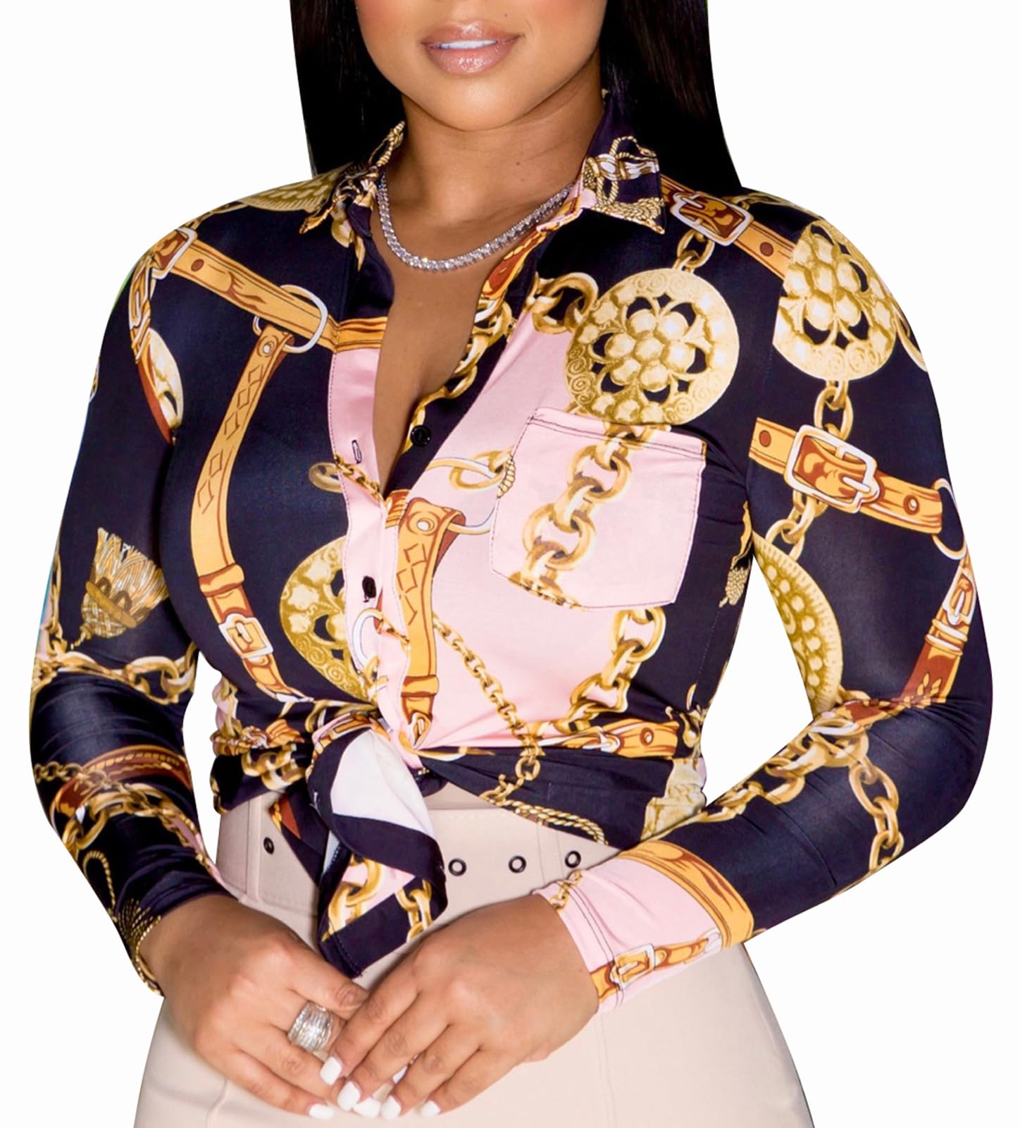 Buchona Blouses for Women Long Sleeve Floral Print Blouses & Button-Down Shirts Loose Collar Sexy Tops