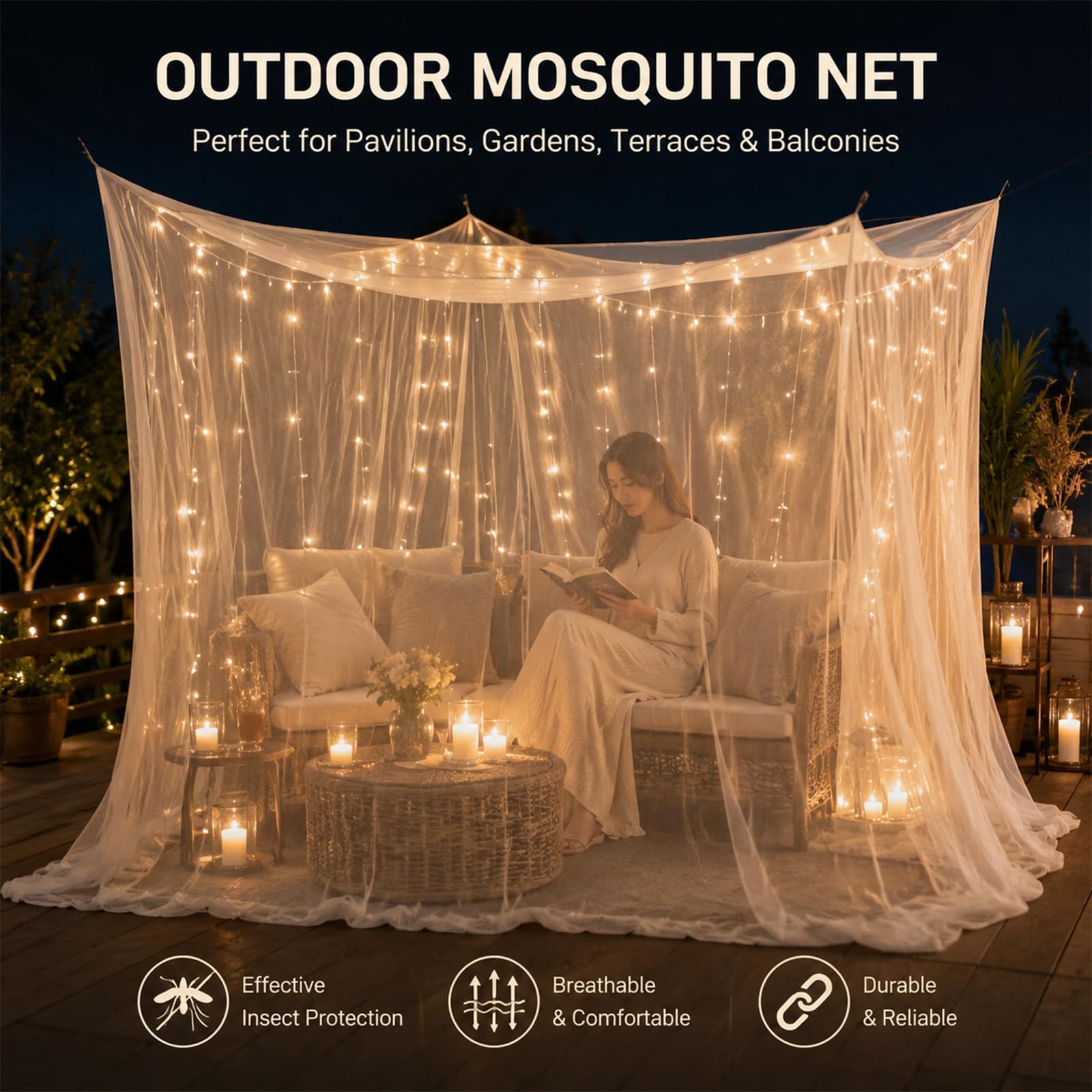 Moskitonetz Bett mit 1 Tür, Moskitonetz Camping Extra groß, Mückennetz Bett Geeignet für Pavillons, Gärten, Terrassen und Camping (Weiß)
