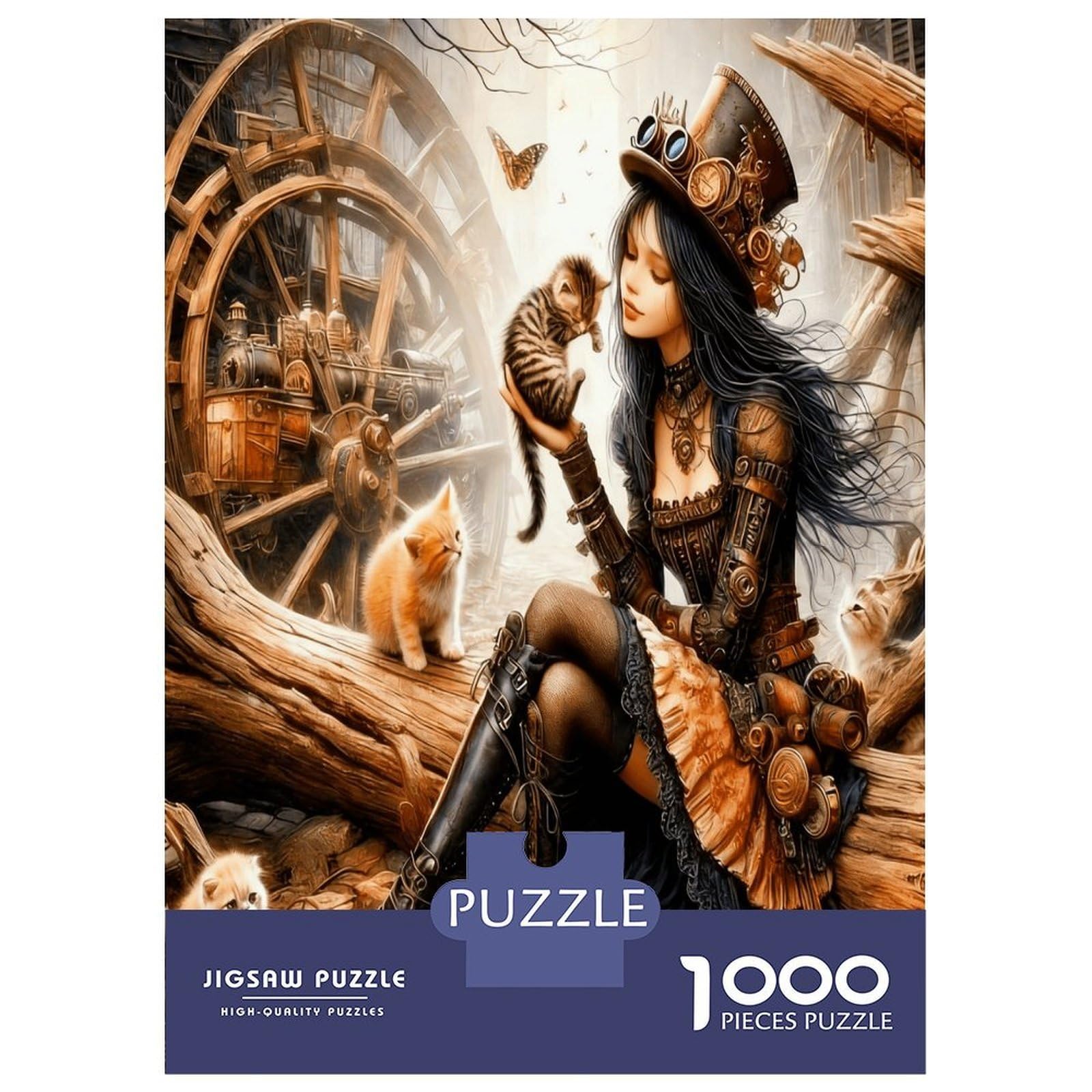 Steampunk Lady Cats 1000 Piece Puzzle for Adults Classic Jigsaw Puzzle Recycled Cardboard Family Lovers Holiday Activity Indoor Leisure Cognitive Development 38x26cm/1000pcs