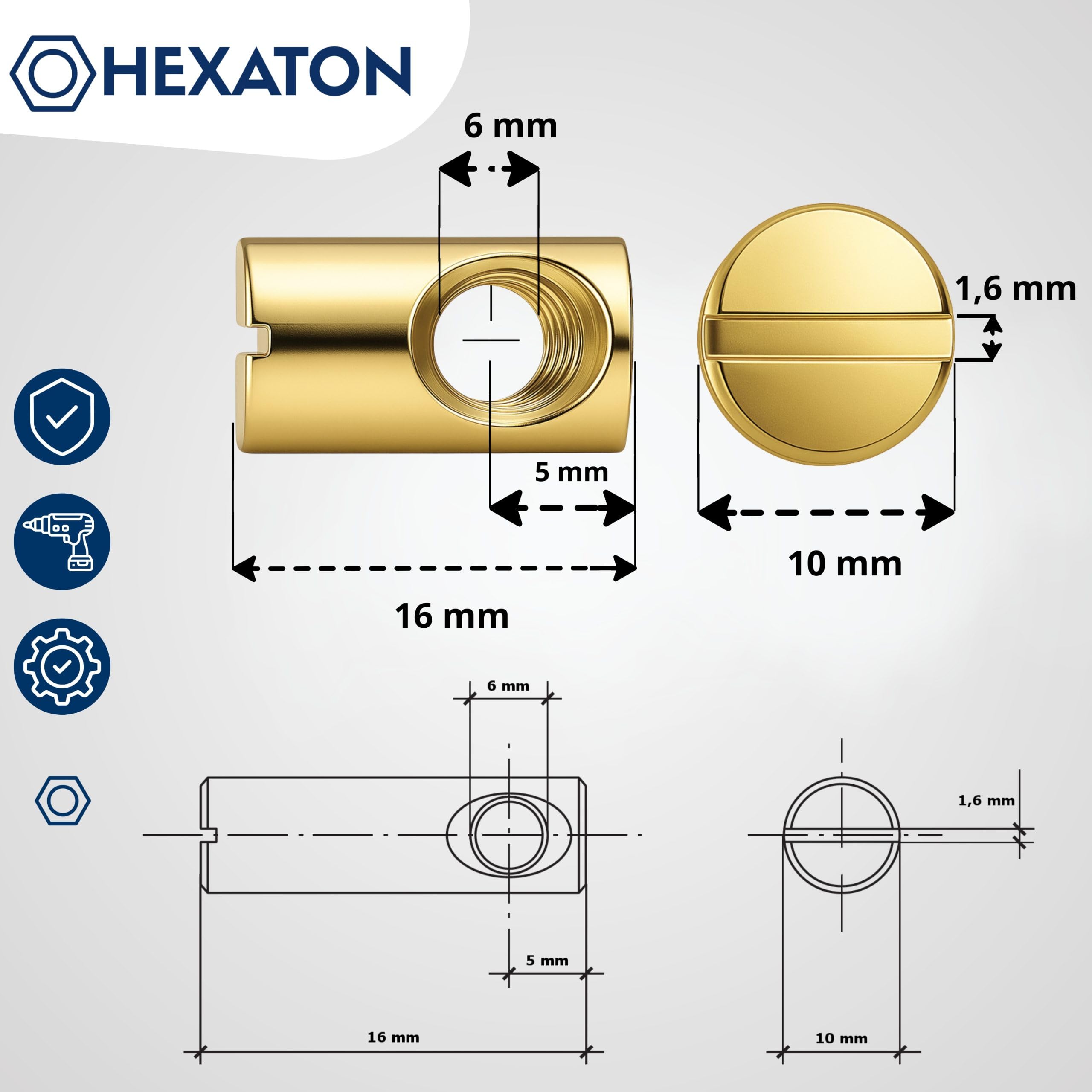 HEXATON Corps Écrous Cylindriques à fente chevilles Asymétrique - M6 x 10 x 16 mm - 100 pièces - Acier Galvanisé Jaune