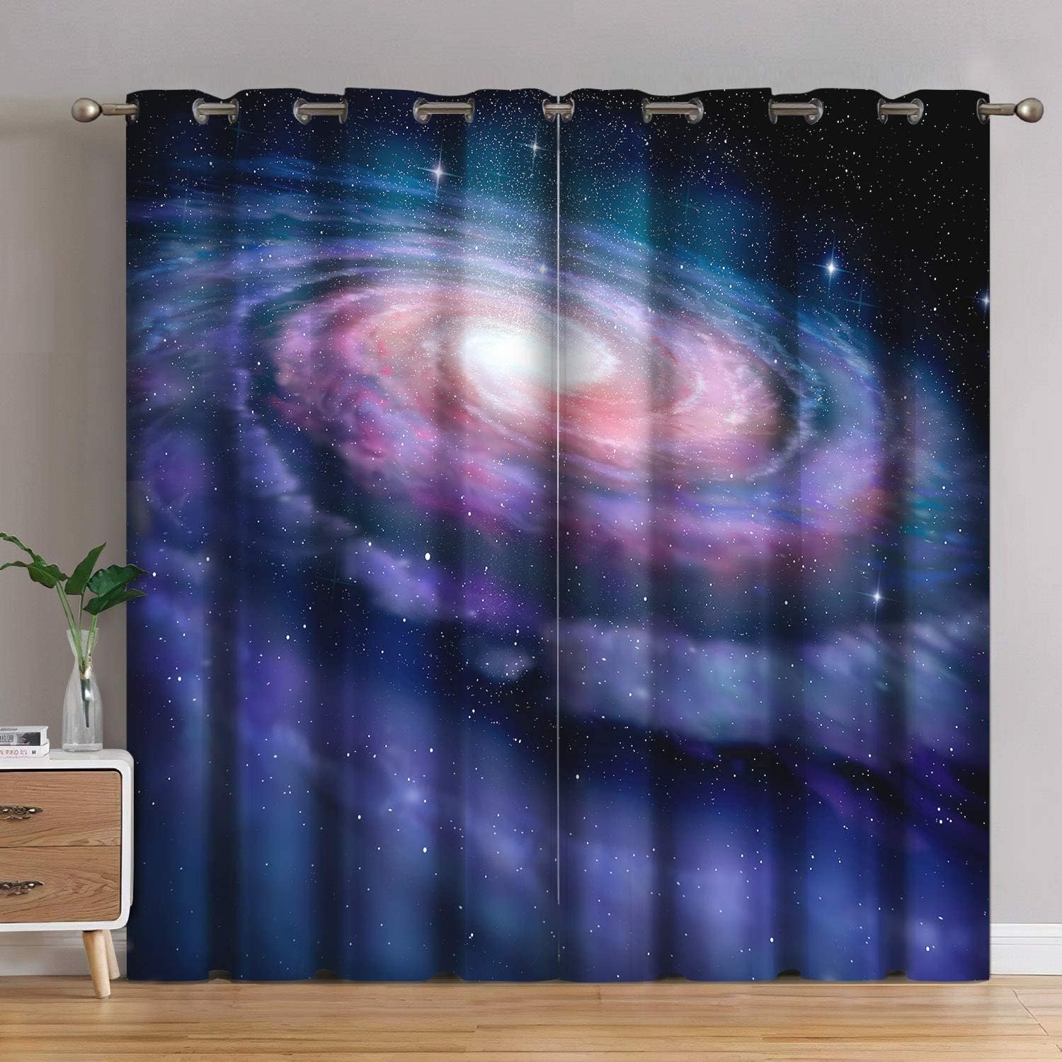 Galaxy Blackout Curtains - Starry Space Print, Grommet Top, 70% Light Blocking, 2 Panels 52x63 Inches