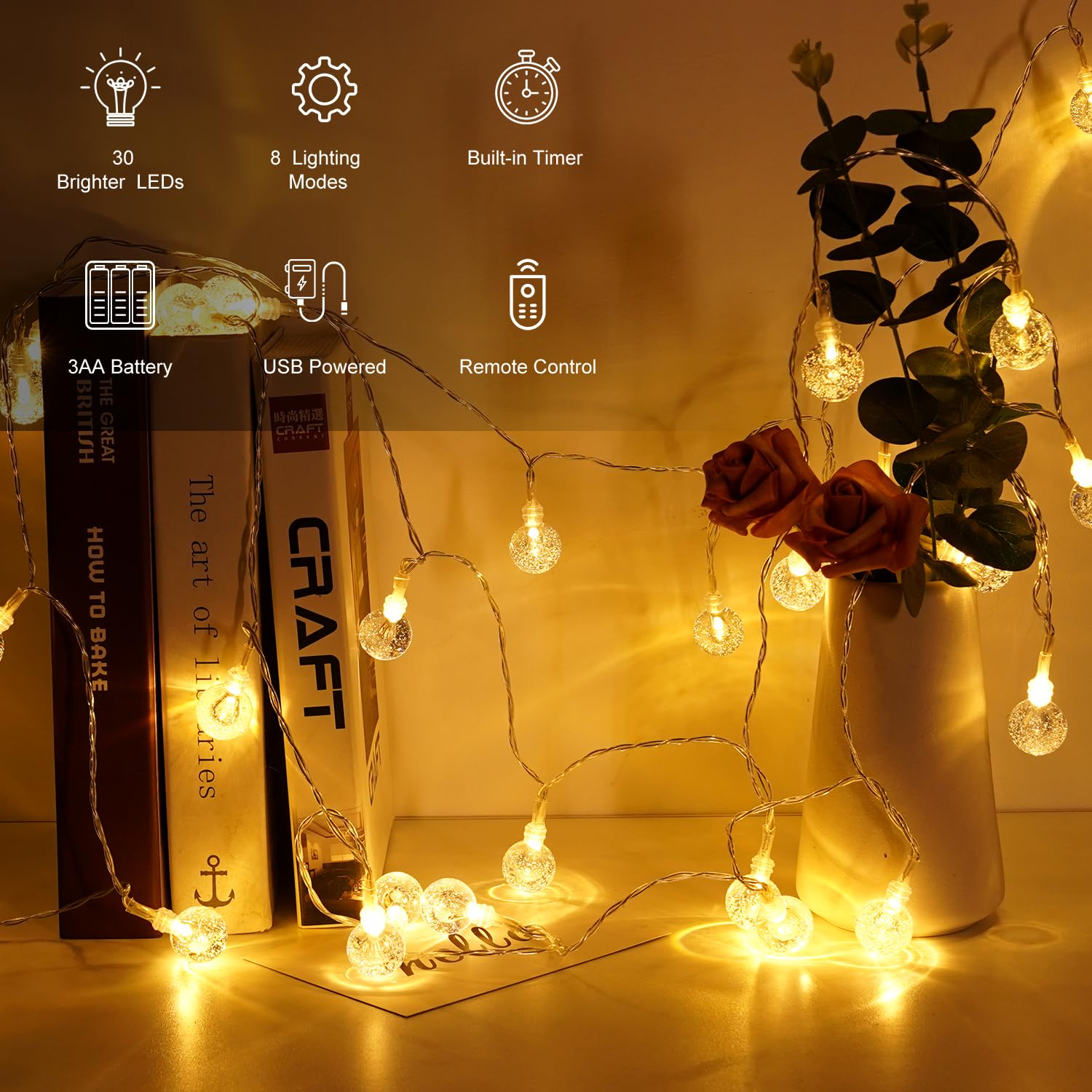 OMIKA 15FT 30 LED Battery Operated Christmas Lights String with Remote Timer and 8 Modes, Warm White USB Powered Fairy Lights Waterproof for Indoor Bedroom Outdoor Garden Patio Decor