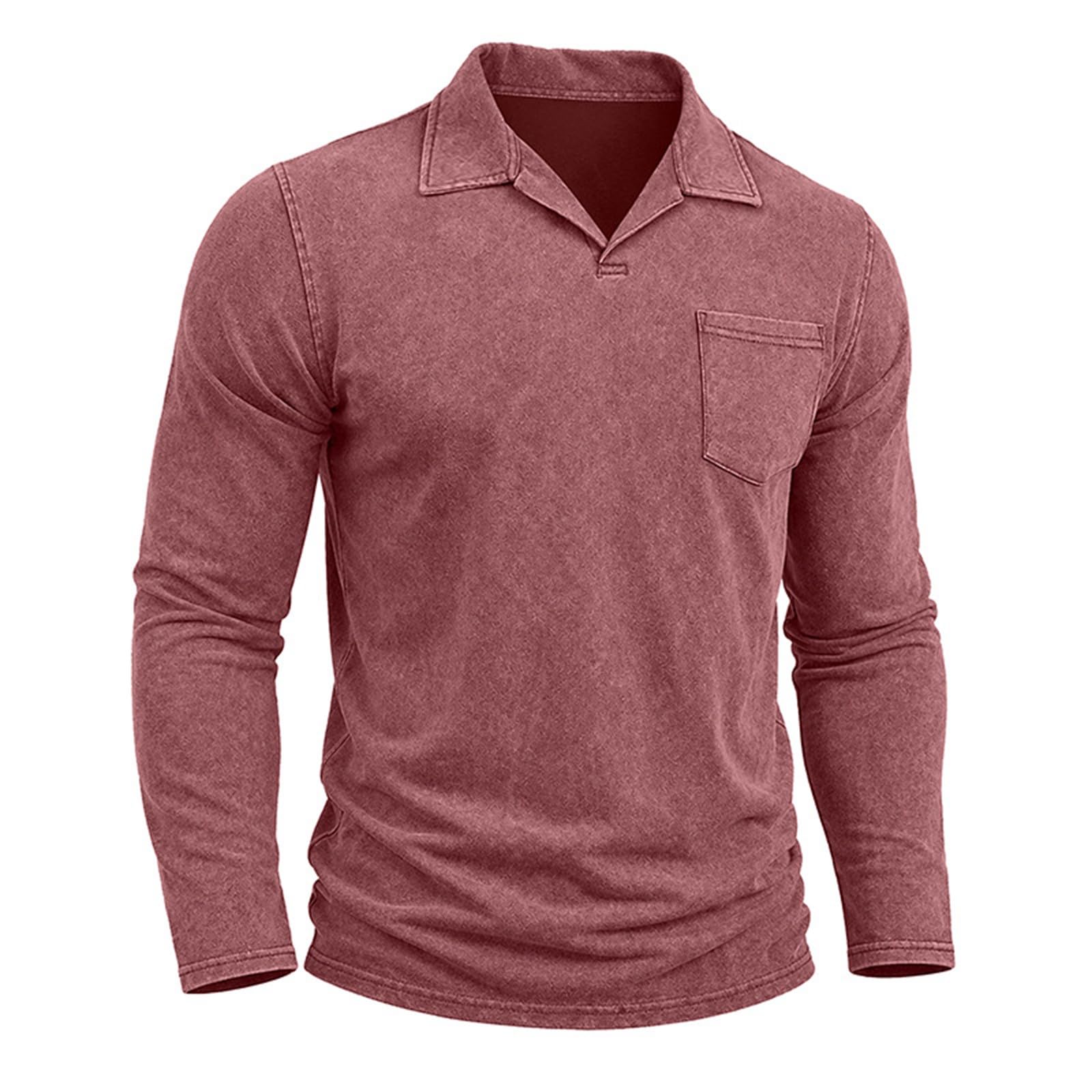 Polo da uomo in lino con scollo a V aperto - Camicetta a maniche lunghe con