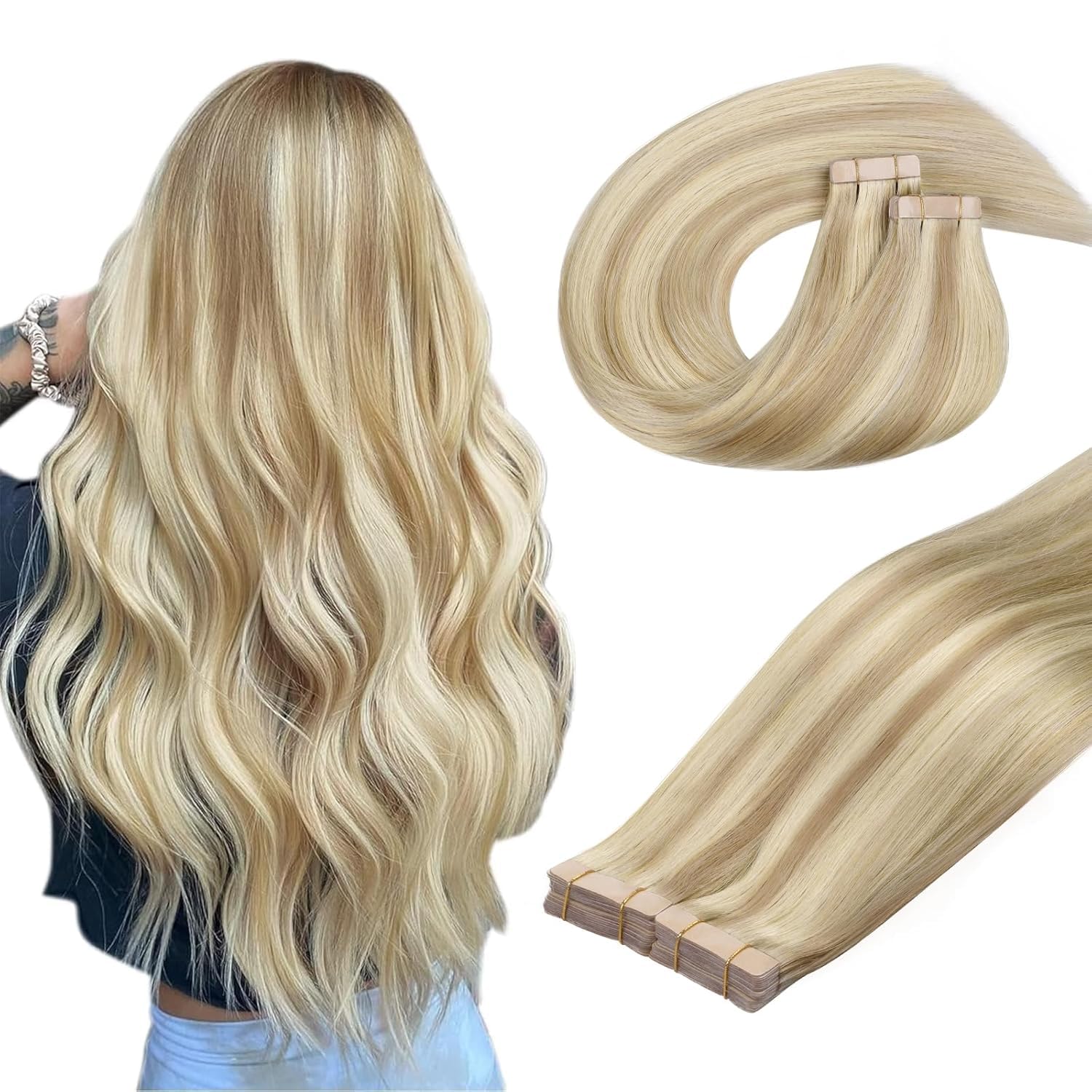 DOORES Tape Extensions Echthaar Hair Extensions Tape in Full Thick Ends Haarteil für unsichtbare Remy Haar Natural Hair