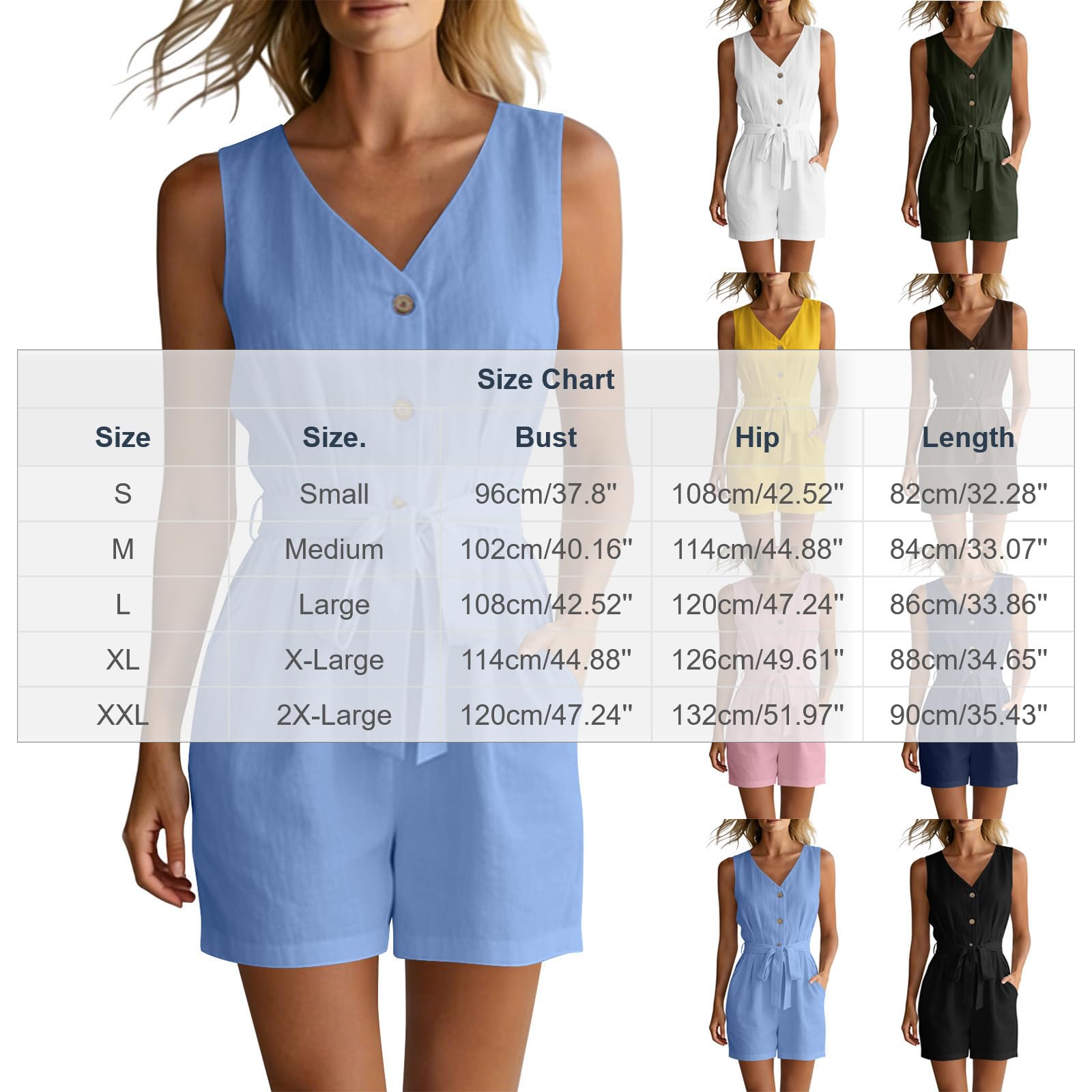 EMATOP Damen Overall Kurz V-Ausschnitt Jumpsuit Sommer Elegant Romper Ärmellos Sexy Latzhose Leicht Baumwolle Shorts Strampler mit Taschen Playsuit Einfarbig Knopfleiste Arbeitsoverall
