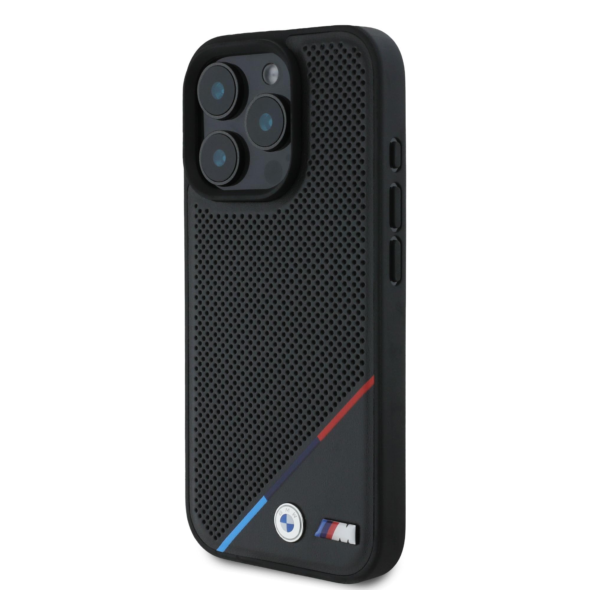 CG Mobile BMW HC M - Funda de teléfono diseñada para iPhone 16 Pro, Duradera, a Prueba de Golpes, Compatible con Magsafe, Funda de Poliuretano Perforada de línea Tricolor, Color Negro