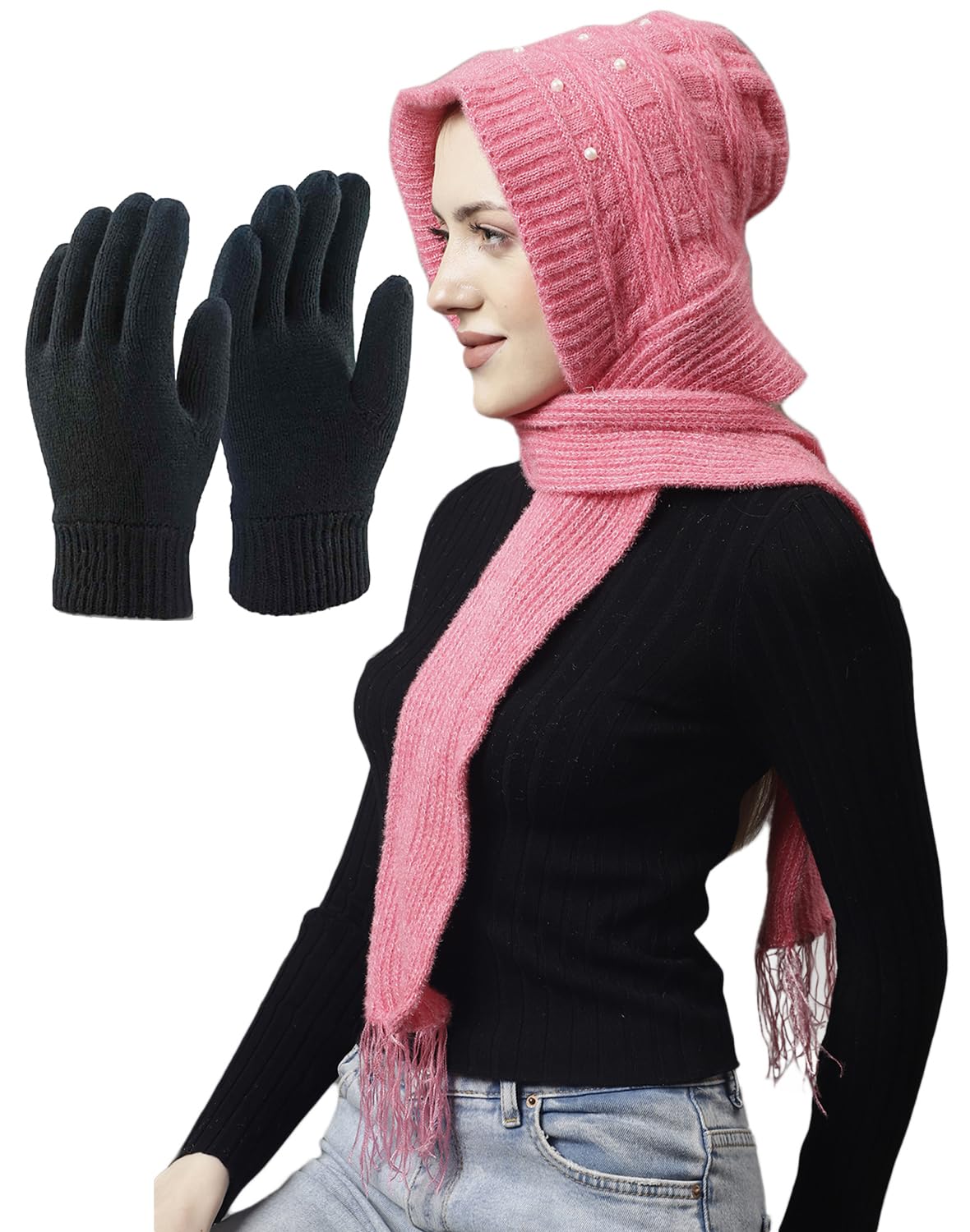 Set of Weavers Villa Snow Proof Inside Fur Acro Wool Unisex Cap with Attached Neck Warmer Muffler Thick Fleece Lined Winter Cap and Gloves for Women, Free Size-picture-42