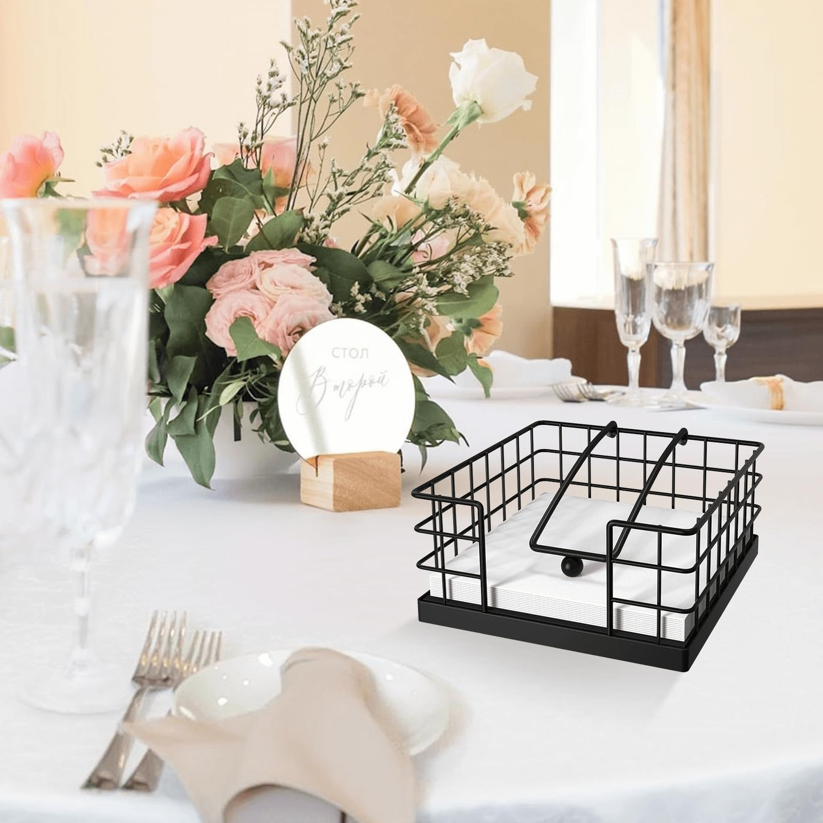 Homode Servilleteros para servilletas de papel, servilletero de granja para mesa, cesta plana con brazo pesado, dispensador de servilletas cuadrado para cocina, color negro