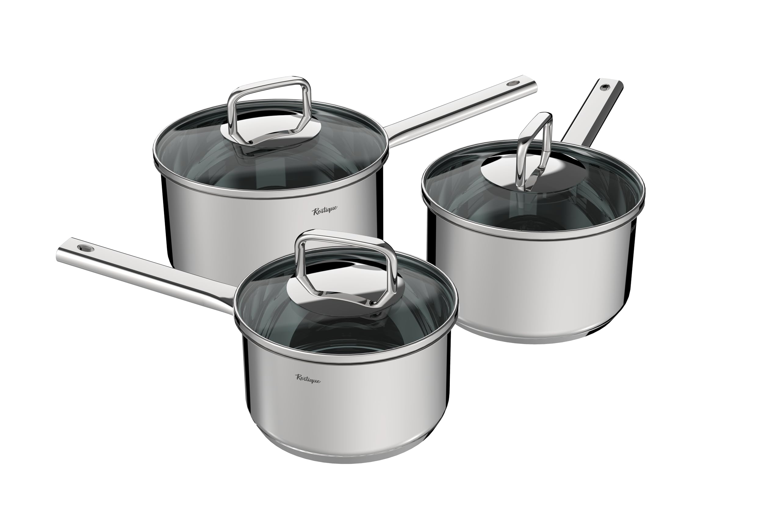 Rostique 3-PCS Set Stainless Steel Saucepan with Glass Lids, 16/18/ 20 cm Saucepan，Suitable for All Hobs, PTFE, PFAS and PFOA Free