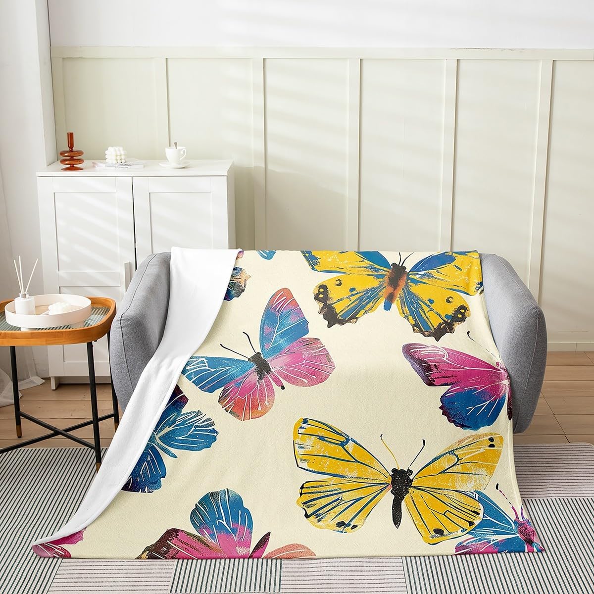 jejeloiu Butterfly Flannel Fleece Throw Blanket Queen 90"x90" Butterflies Print Fuzzy Blanket Girl Butterfly Floral All Season Bed Blanket Beautiful Butterfly Plush Blanket, Blue Yellow