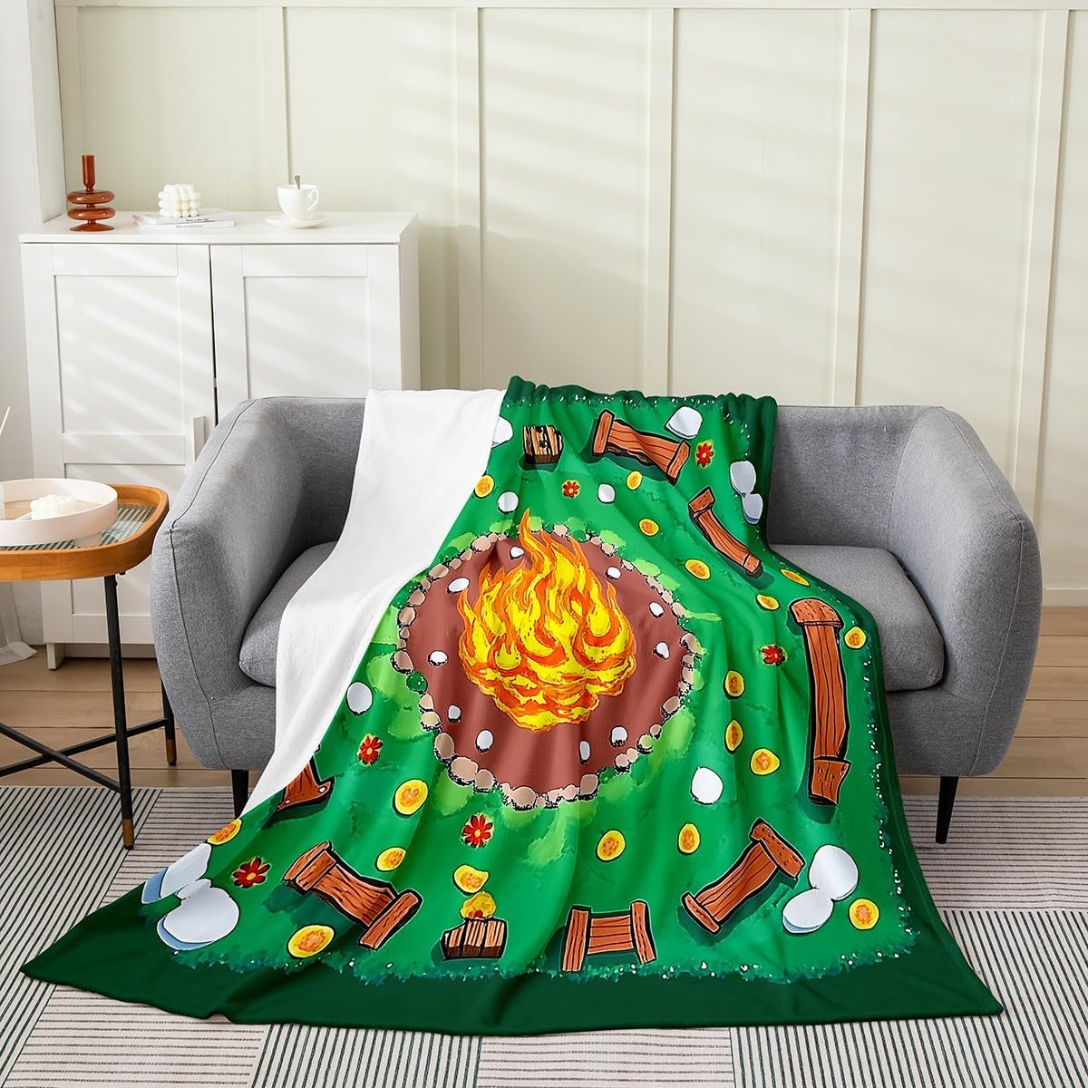 Erosebridal Campfire Fleece Throw Blanket Queen Inch Tree Stump Flannel Blanket Kids Fun Green Luxury Soft Woodland Stones Cartoon Lightweight Room Decor