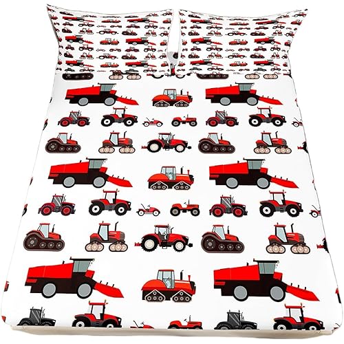 Erosebridal Red Tractor Bed Sheet Twin Size Heavy Equipment Truck Bedding Set Kids Boys Girls Teens Harvester Tractor Fitted Sheet Construction Excavator Farm Equipment Bed Sheet