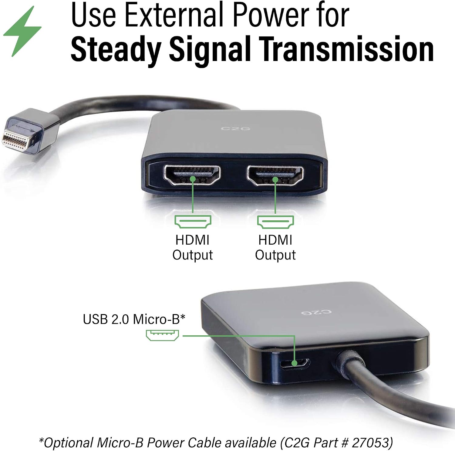 C2G 54292 USB Powered 4K 2-Port Mini DisplayPort to HDMI MST Hub Monitor Splitter, Black