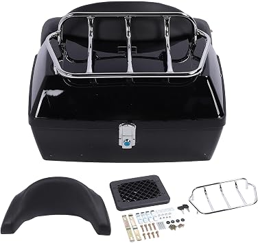 Luocute Motorcycle Top Case, 48L Heavy Duty Motorbike Tail Box Trunk with Lock and Key, Tail Luggage Box with Backrest Cushion for Helmets Luggages Storage, Black Black