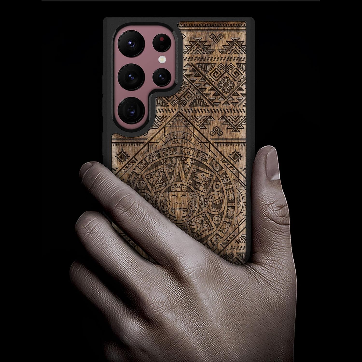 Carveit Wood Case for Galaxy S22 Ultra Case [Natural Wood & Black Soft TPU] Shockproof Protective Cover Unique & Classy Wooden Design Compatible with Samsung S22 Ultra (Aztec Calendar-Walnut)