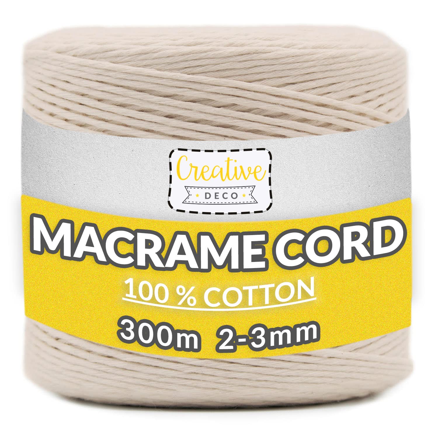 Creative Deco3 mm x 300 m Macrame Cord Beige Cotton Thread | +/- 0.5 mm Thick | 12 Ply Twine | Natural Cord | Kitchen, Garden, Decoration, Gardening, Gift Wrapping, DIY